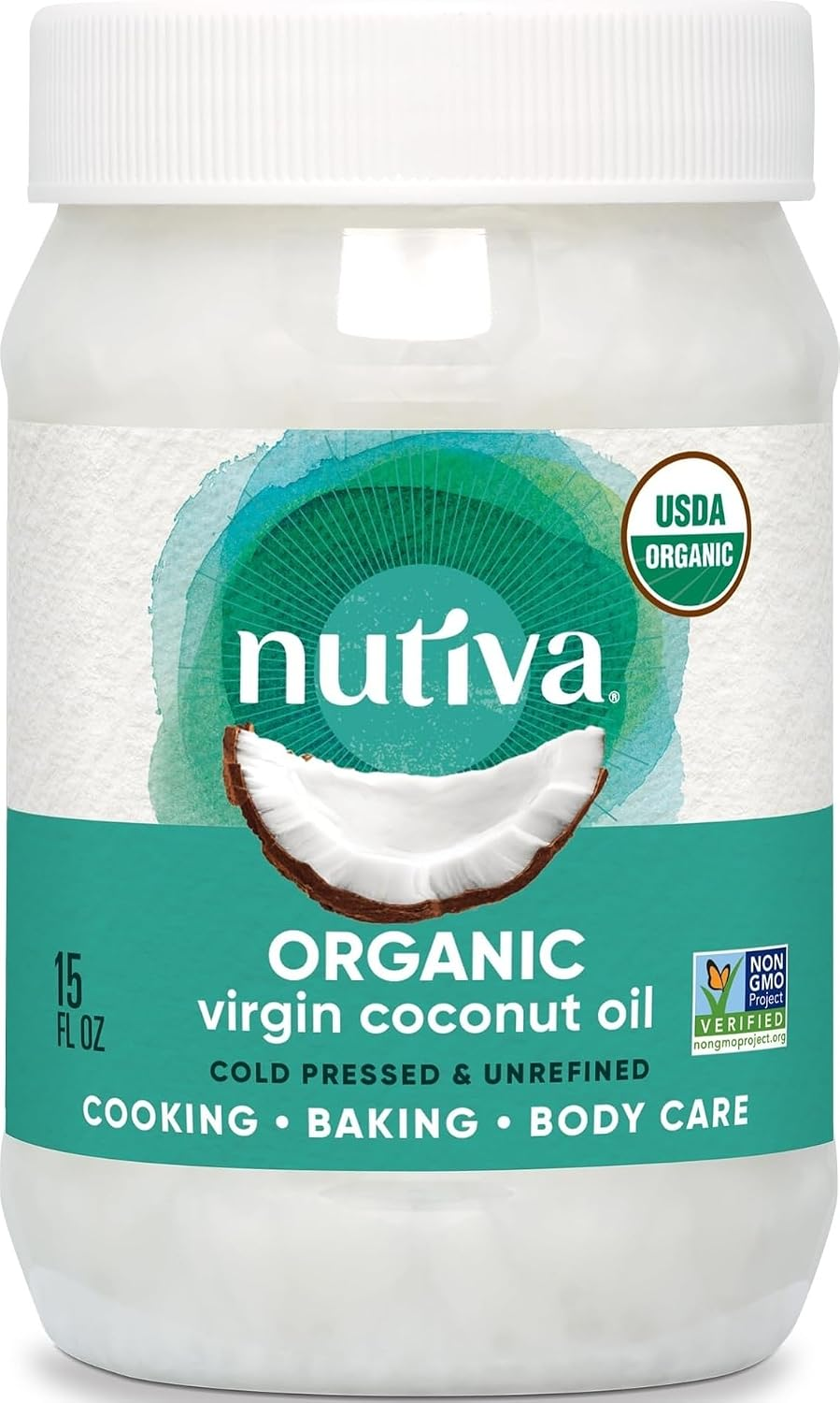 Nutiva Organic Virgin Coconut Oil Cold-Pressed Unrefined Non-GMO 15 fl oz white jar — BodyWell1
