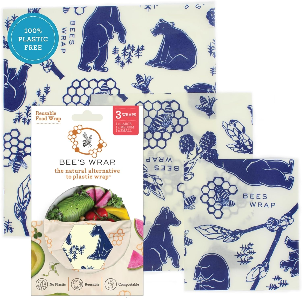 Bee's Wrap beeswax food wraps 3-pack assorted small medium large in Bees and Bears navy blue print plastic-free made in USA