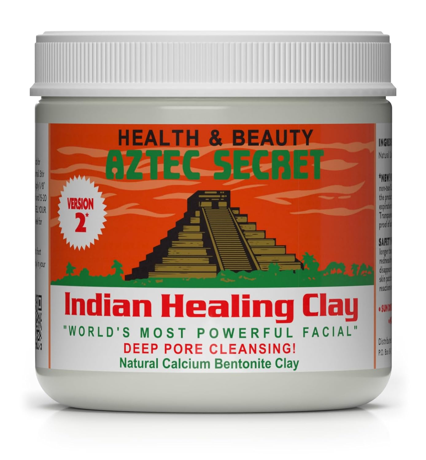 Aztec Secret Indian Healing Clay 16 oz white jar with orange and green label — 100% natural calcium bentonite clay deep pore cleansing facial and body mask