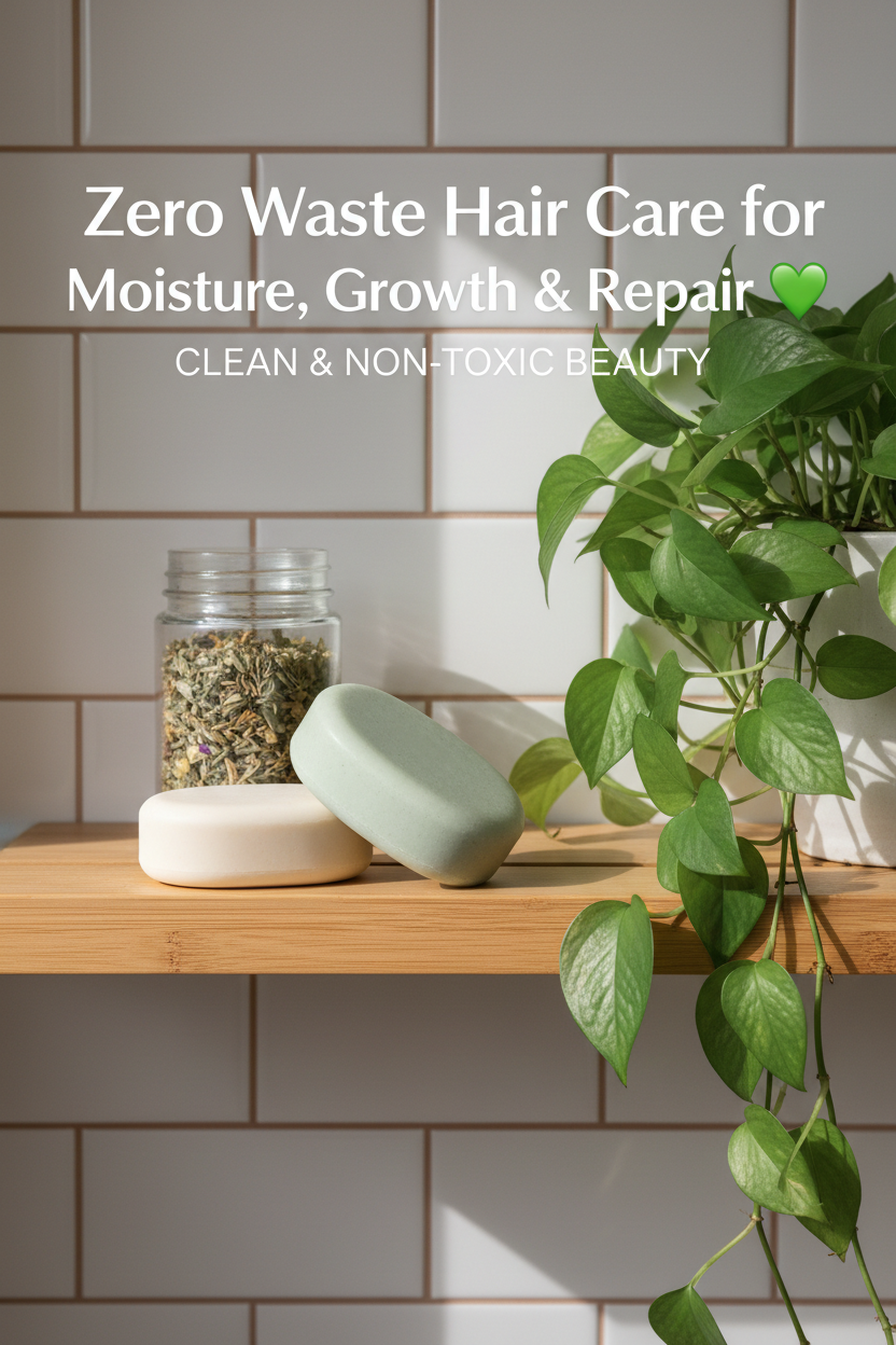 Zero waste shampoo and conditioner bars in minimal bathroom shelf setting