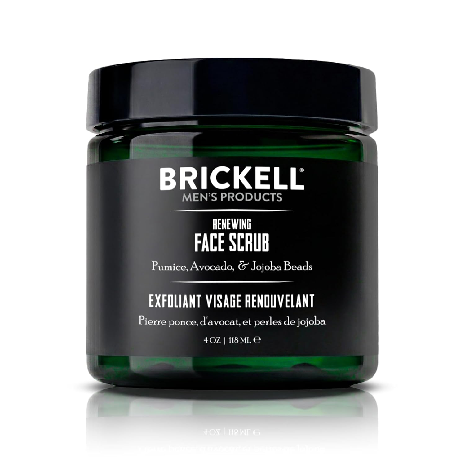 Brickell Men's Renewing Face Scrub 4oz dark green glass jar — deep exfoliating with pumice caffeine and jojoba beads