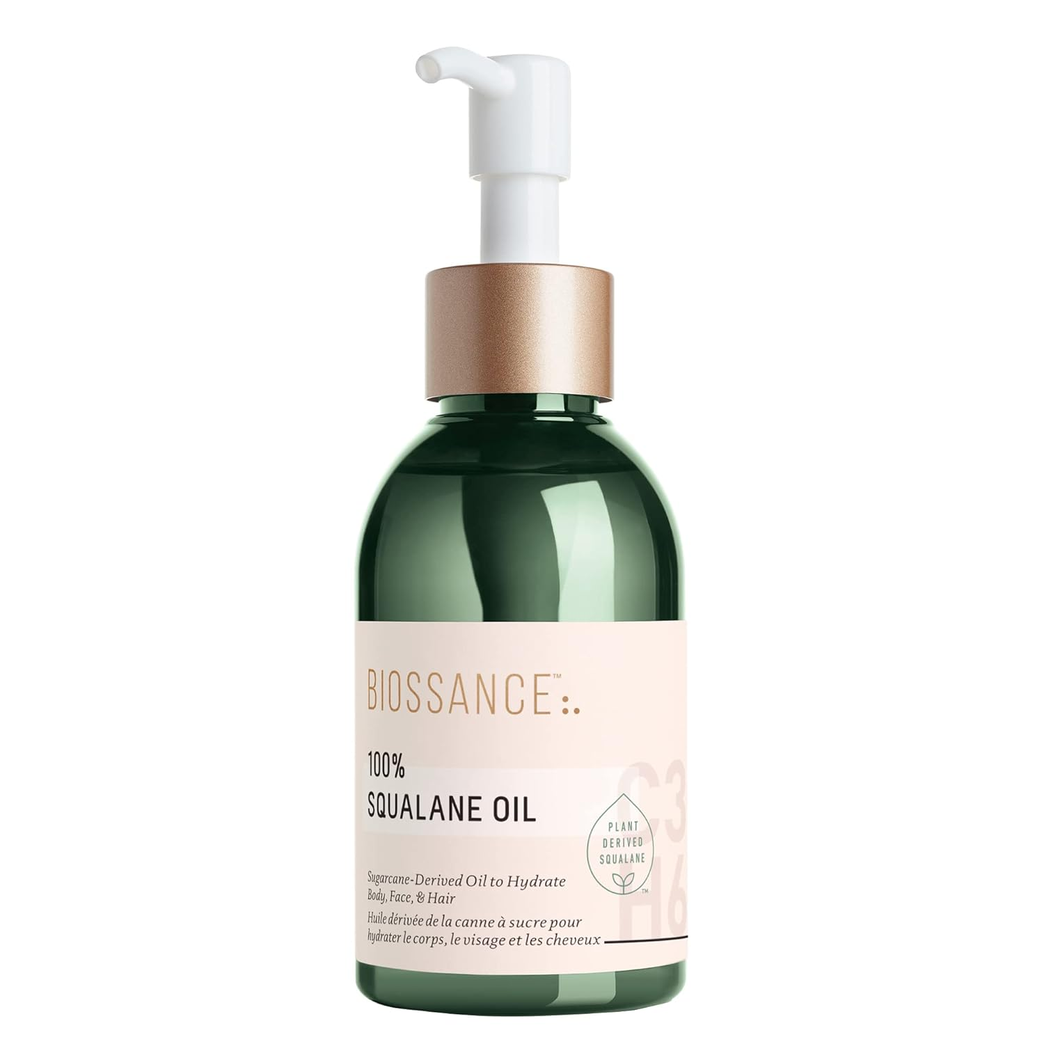 BIOSSANCE 100% Squalane Oil in a dark green glass pump bottle with rose gold cap and cream label on a white background