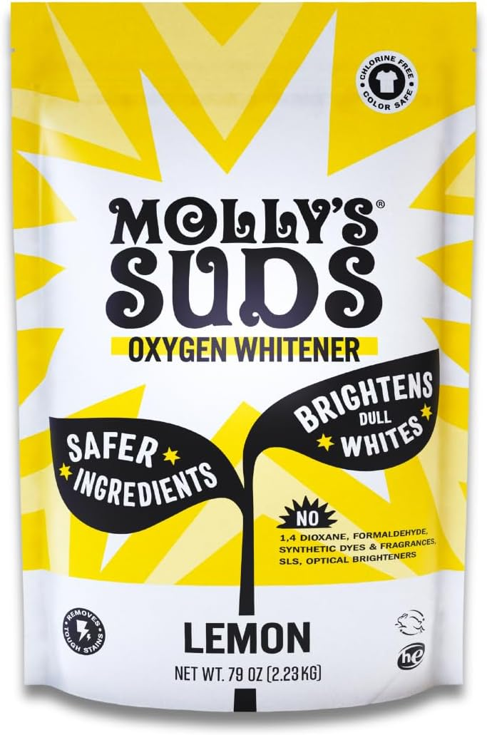 Molly's Suds Oxygen Whitener 79oz yellow bag with lemon essential oil — chlorine-free color safe bleach alternative for non-toxic laundry