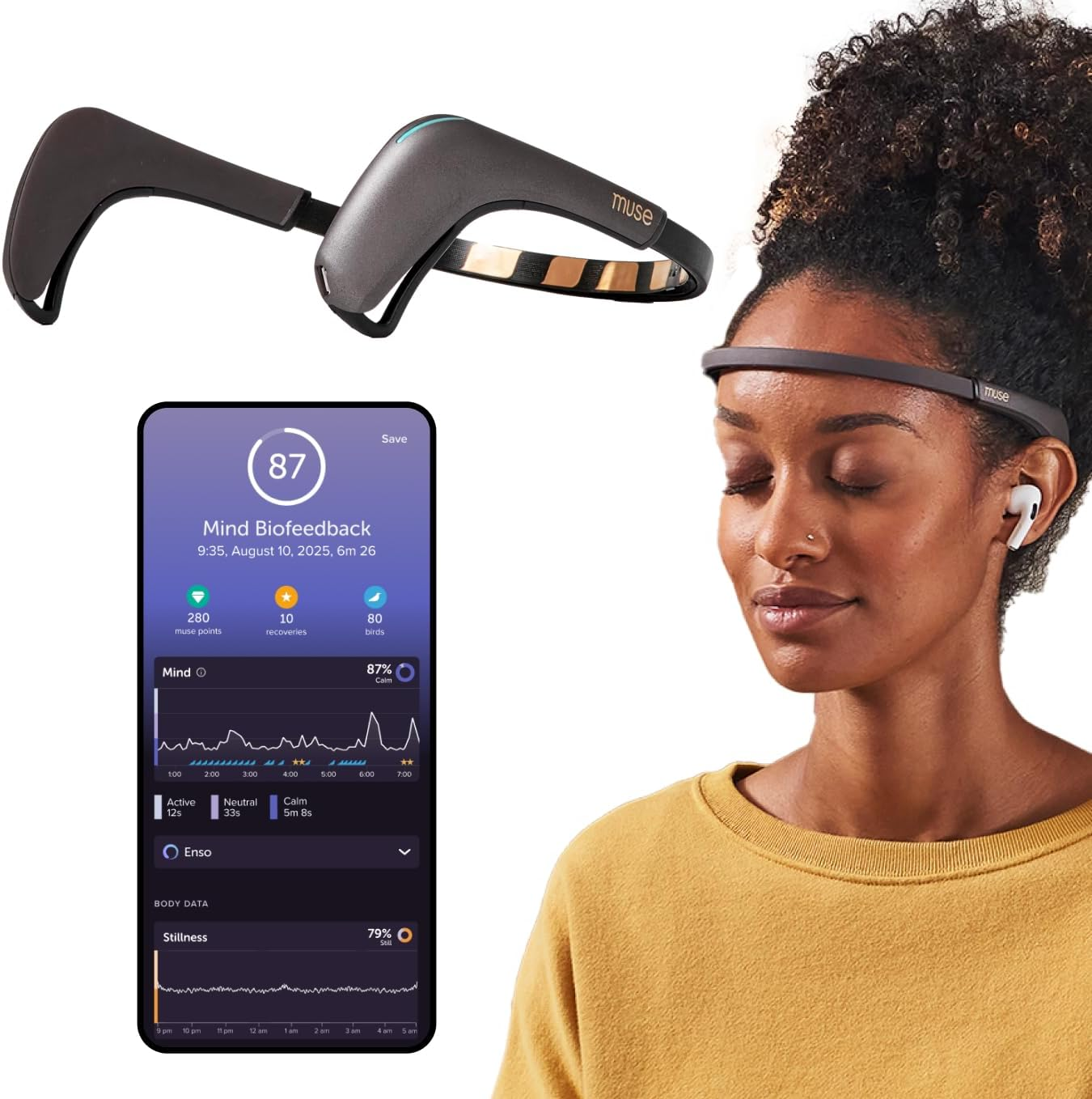 Muse 2 Brain Sensing Headband shown with app displaying Mind Biofeedback score and woman wearing the device during meditation