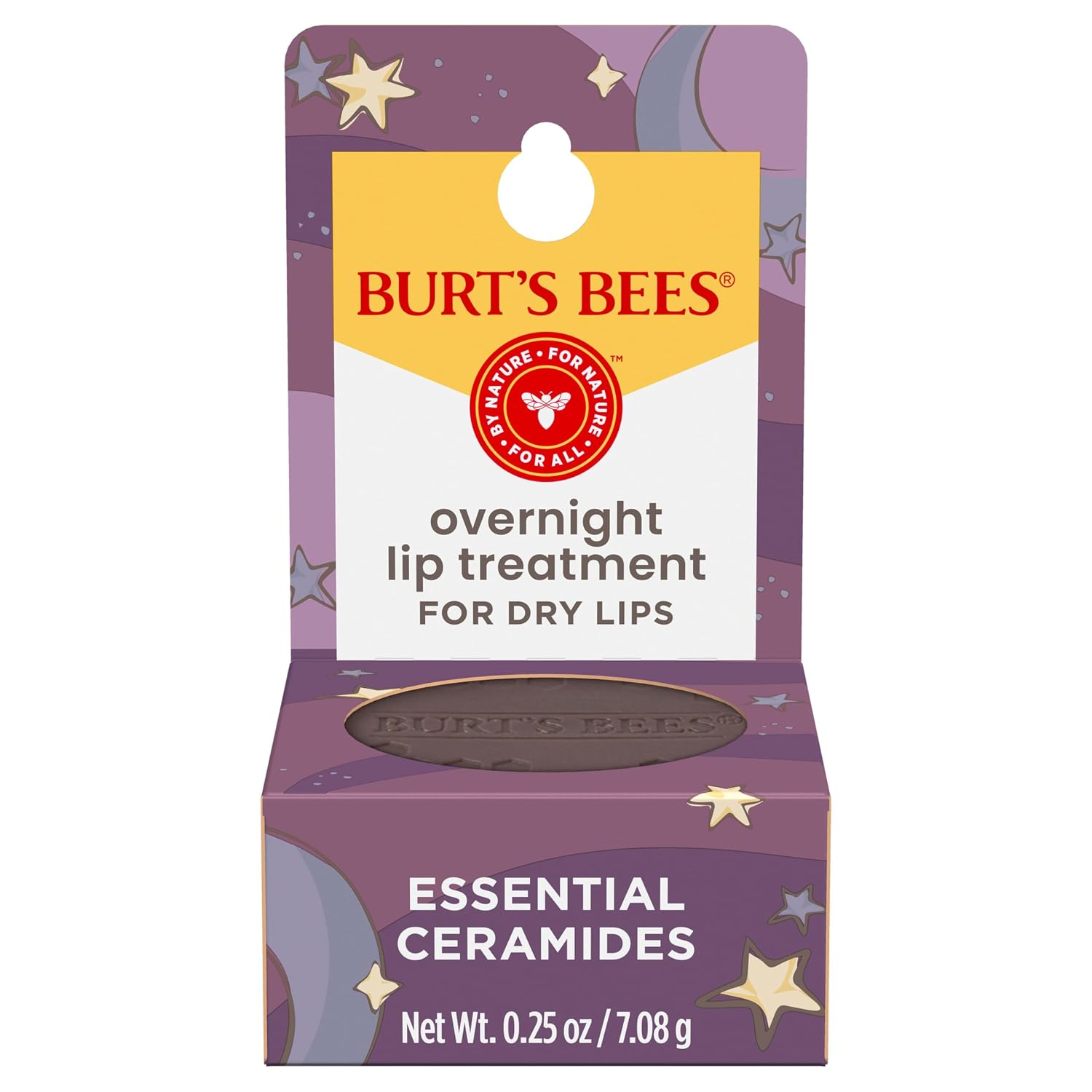 Burt's Bees Overnight Lip Treatment for Dry Lips with Essential Ceramides 0.25 oz jar in packaging, by nature for nature for all, non-toxic clean lip care on white background