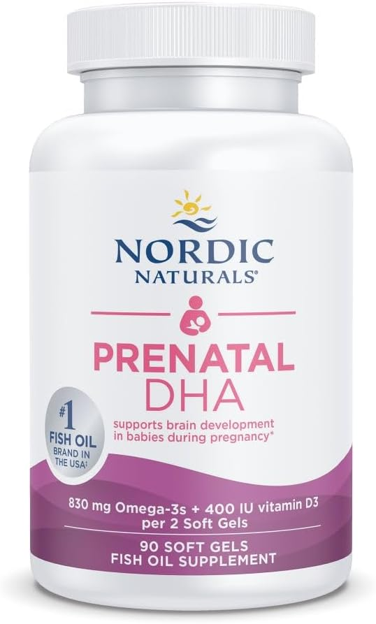 Nordic Naturals Prenatal DHA white bottle, 90 soft gels, 830mg omega-3 plus 400 IU vitamin D3, #1 fish oil brand in the USA, supports brain development in babies during pregnancy