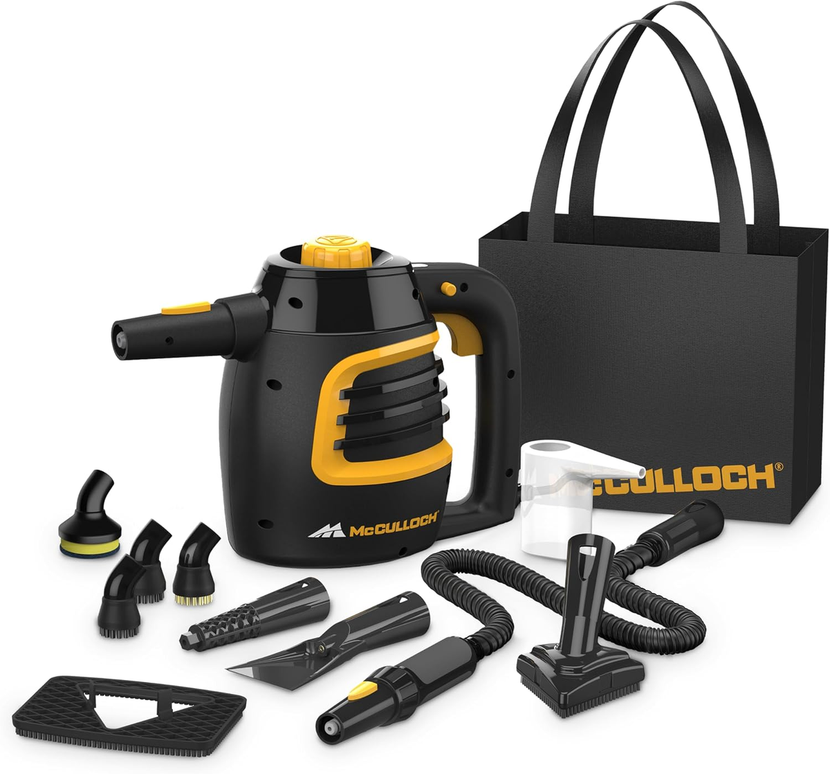 McCulloch MC1230 handheld steam cleaner with 11 accessories, extension hose, and storage bag on a white background