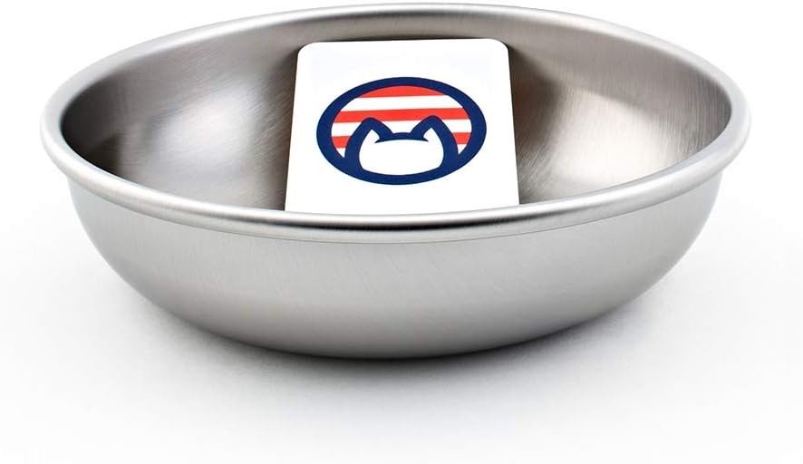 Americat Company wide, shallow stainless steel cat bowl on a white background