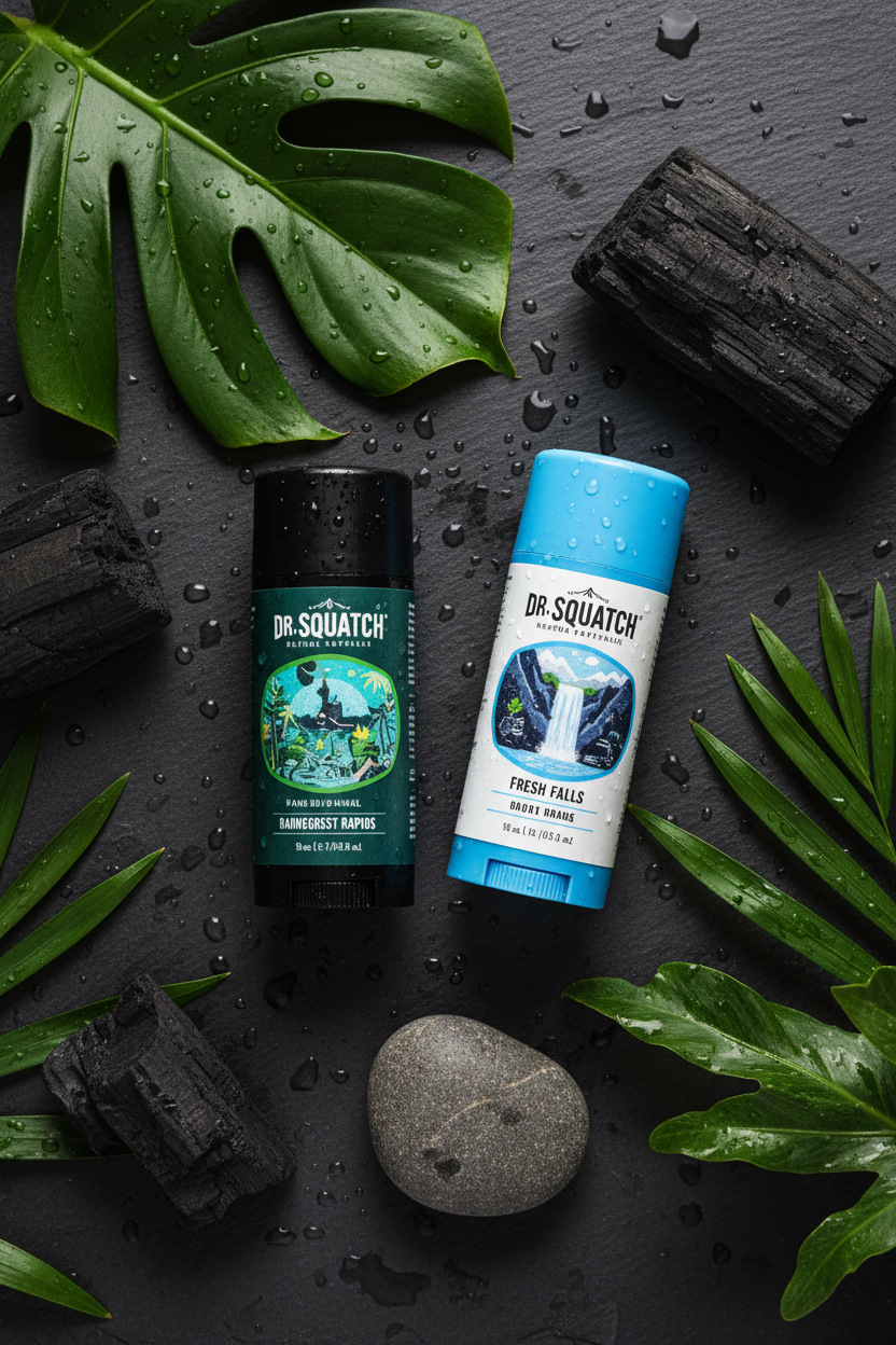 Dr. Squatch natural men's deodorant sticks in Rainforest Rapids and Fresh Falls on dark slate with tropical leaves and charcoal pieces