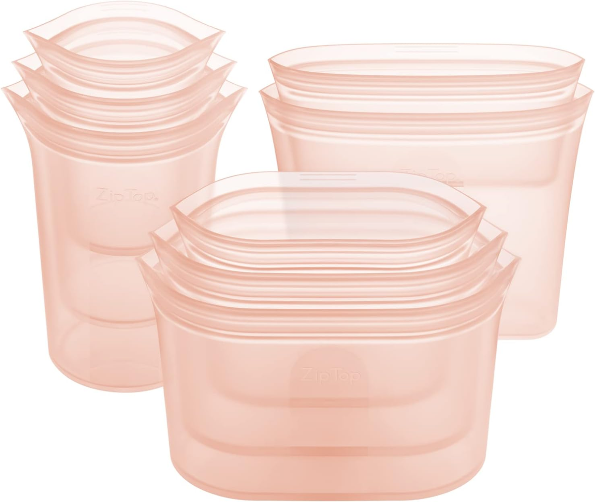 Zip Top reusable platinum silicone food storage containers full set of 8 cups dishes and bags in peach on white background