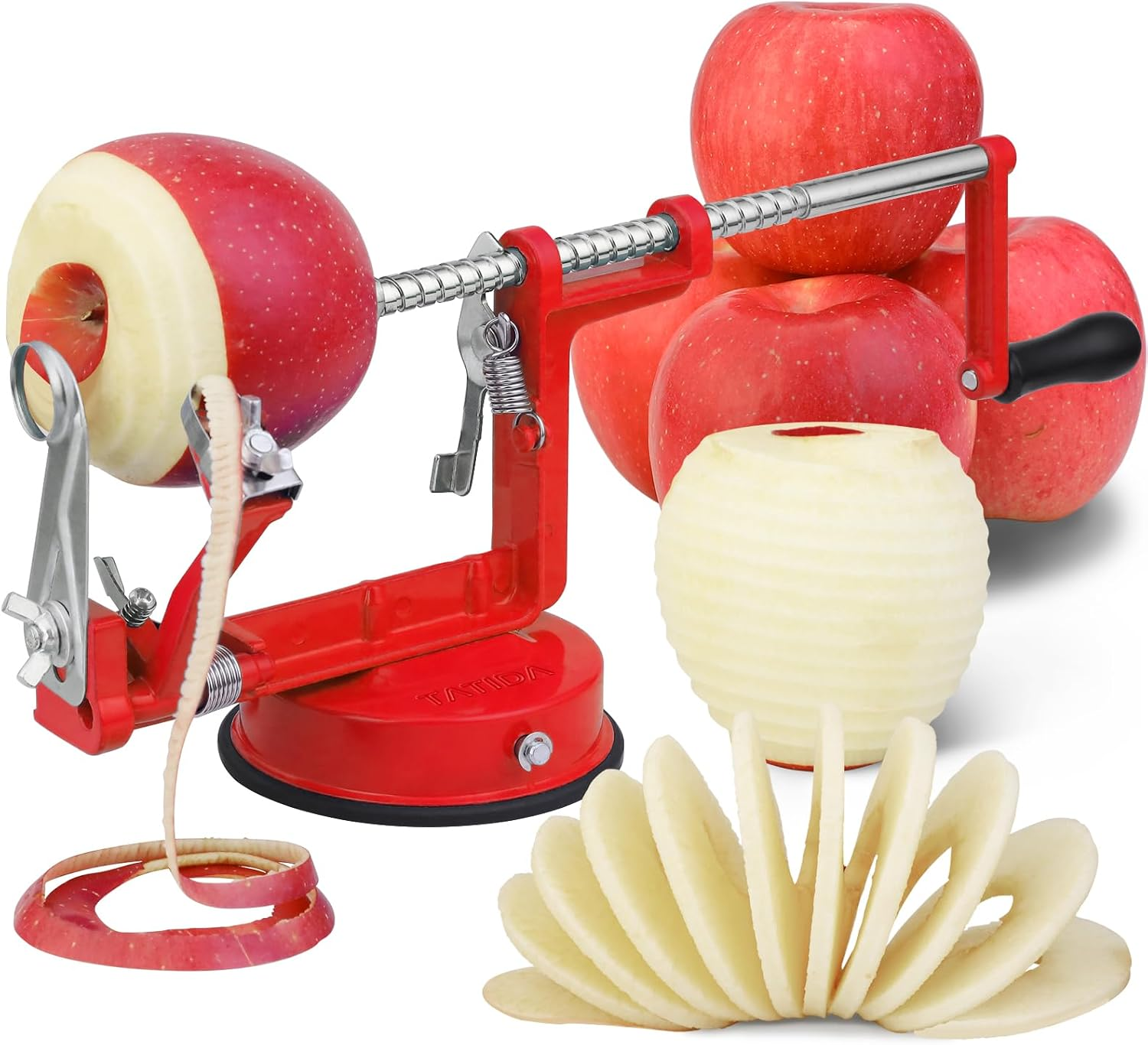 3-in-1 apple peeler slicer corer with stainless steel blade and red suction base shown with fresh red apples and sliced apple on white background