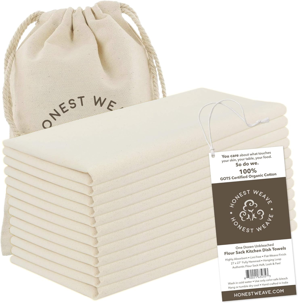 Honest Weave GOTS Certified 100% Organic Flour Sack Kitchen Dish Towels 12-Pack in unbleached natural tan with reusable cotton gift bag — BodyWell1
