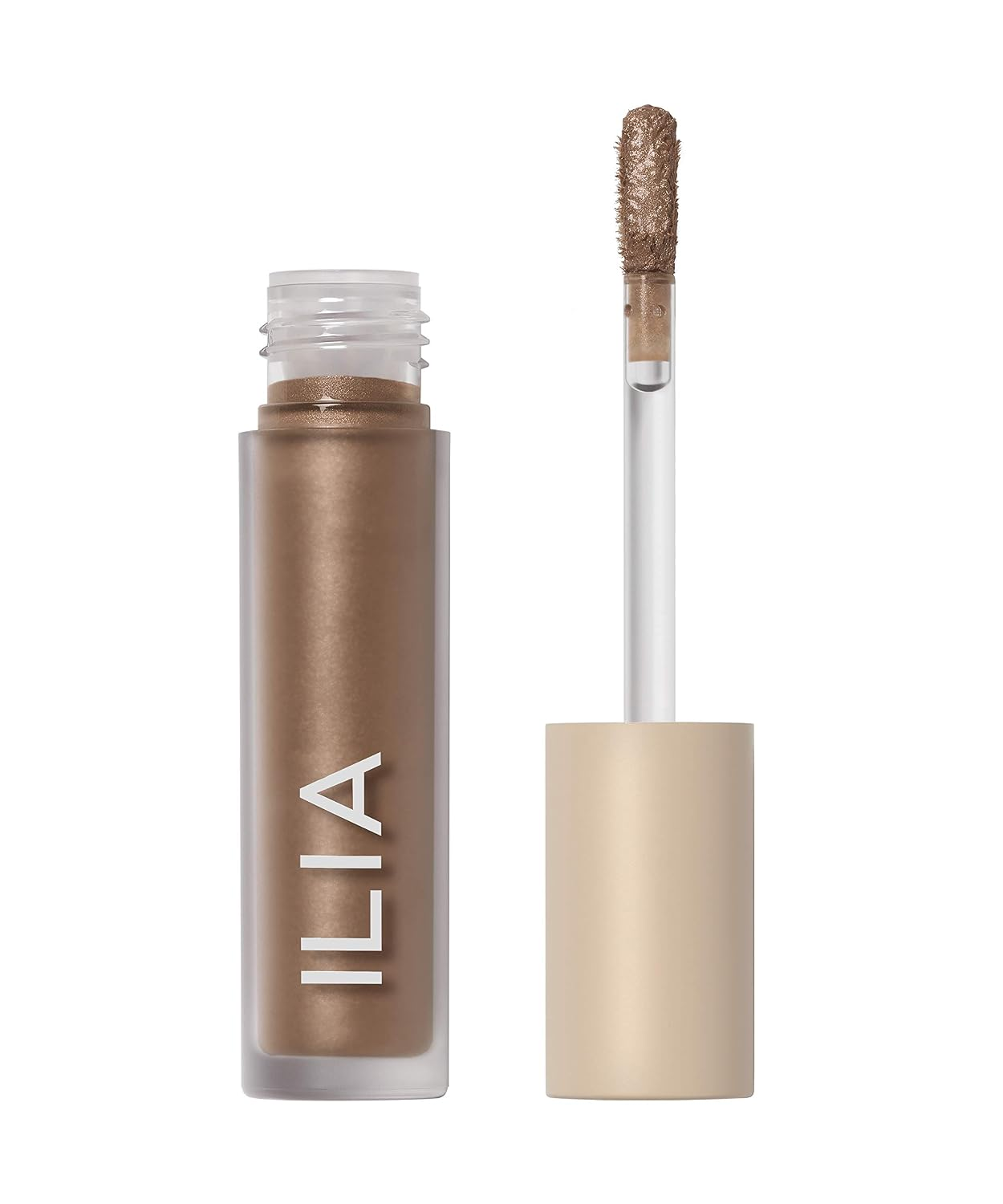 ILIA Chromatic Liquid Powder Eye Tint in Fresco silver taupe pearl shade with applicator wand on white background