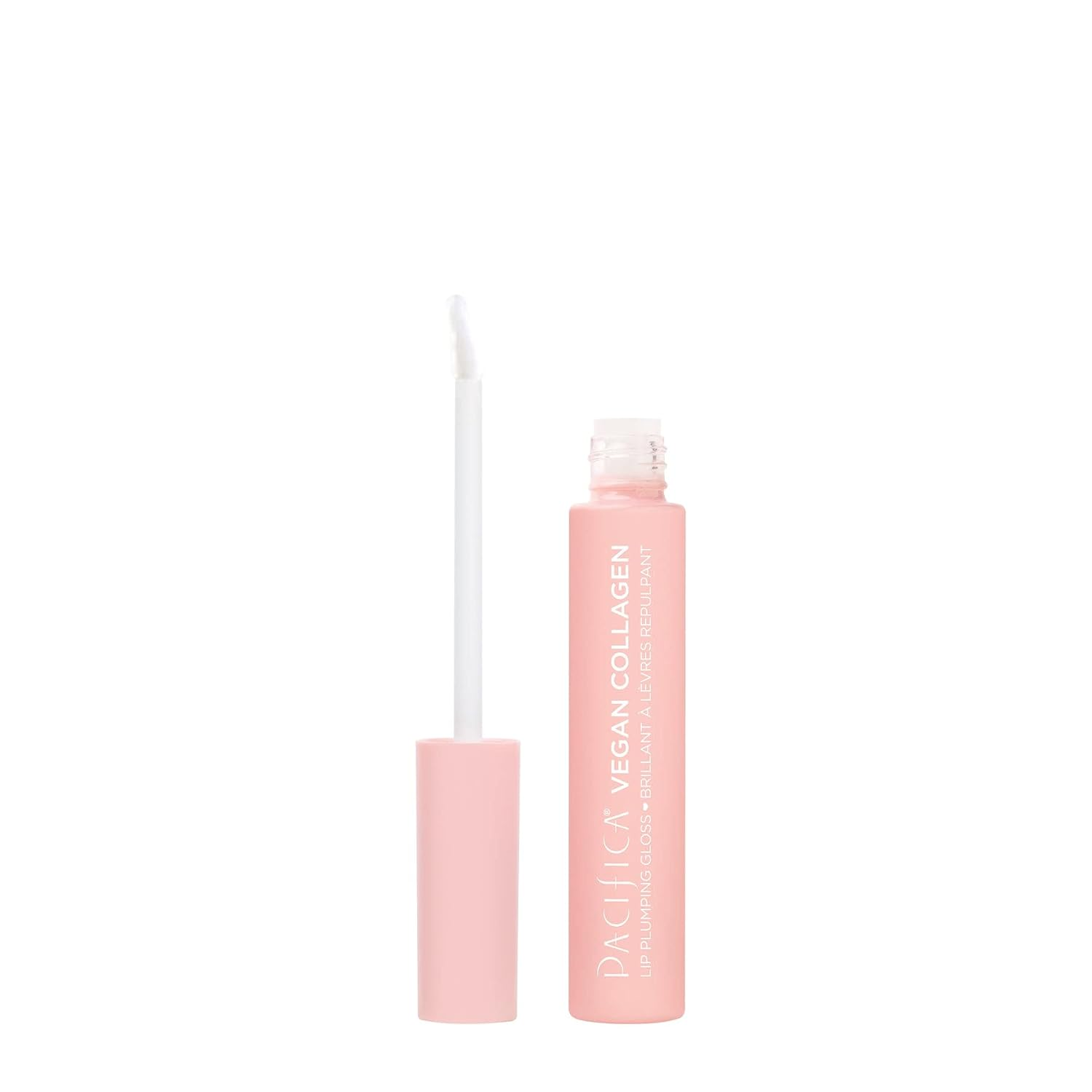 Pacifica Vegan Collagen Lip Plumping Gloss in pink tube with wand — clean, non-sticky lip plumper with peptides, coconut oil and vitamin E for high shine hydration