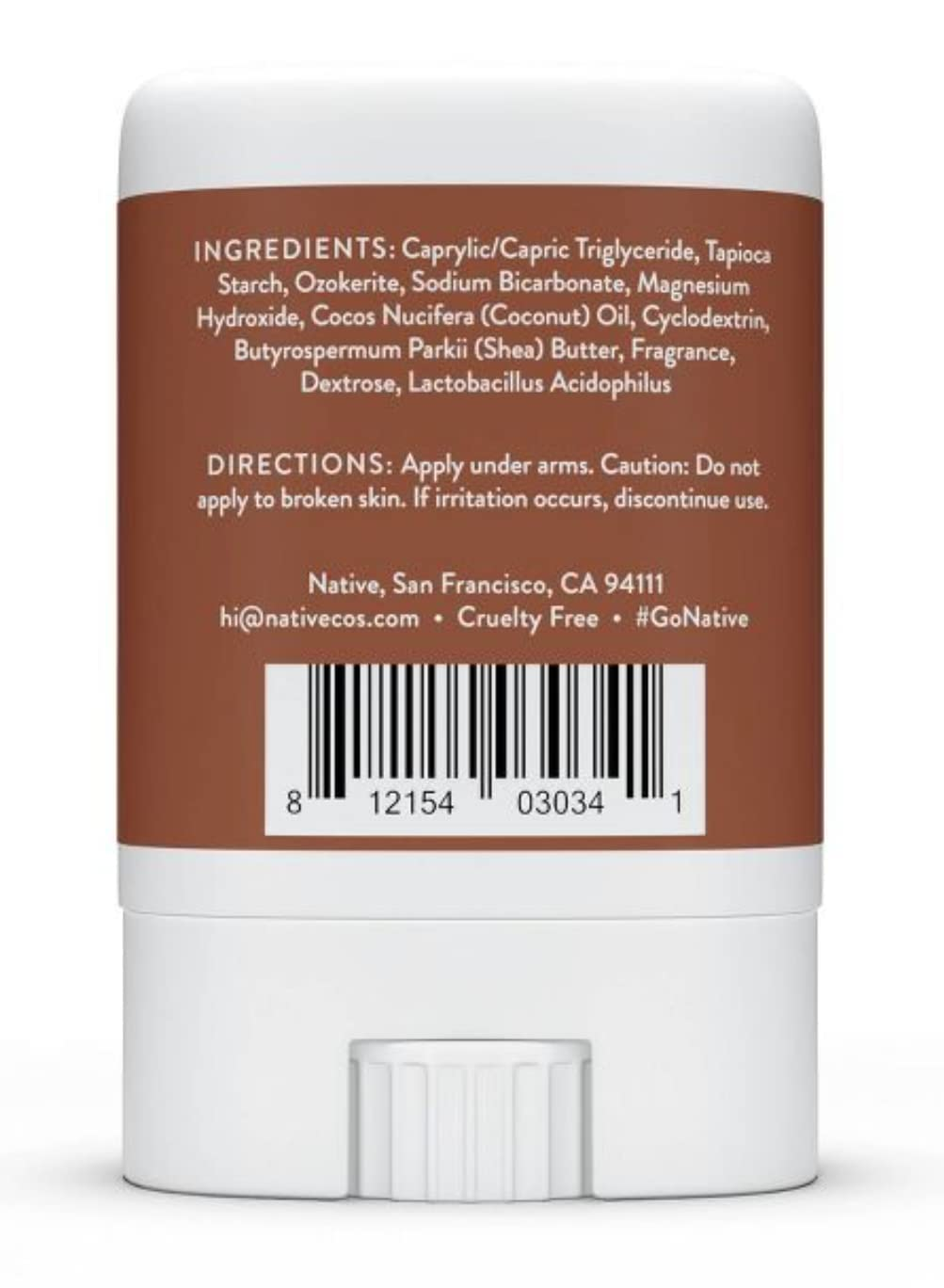 Native Coconut & Vanilla Mini Deodorant back label showing full ingredient list — Caprylic/Capric Triglyceride, Tapioca Starch, Sodium Bicarbonate, Magnesium Hydroxide, Coconut Oil, Shea Butter, cruelty-free