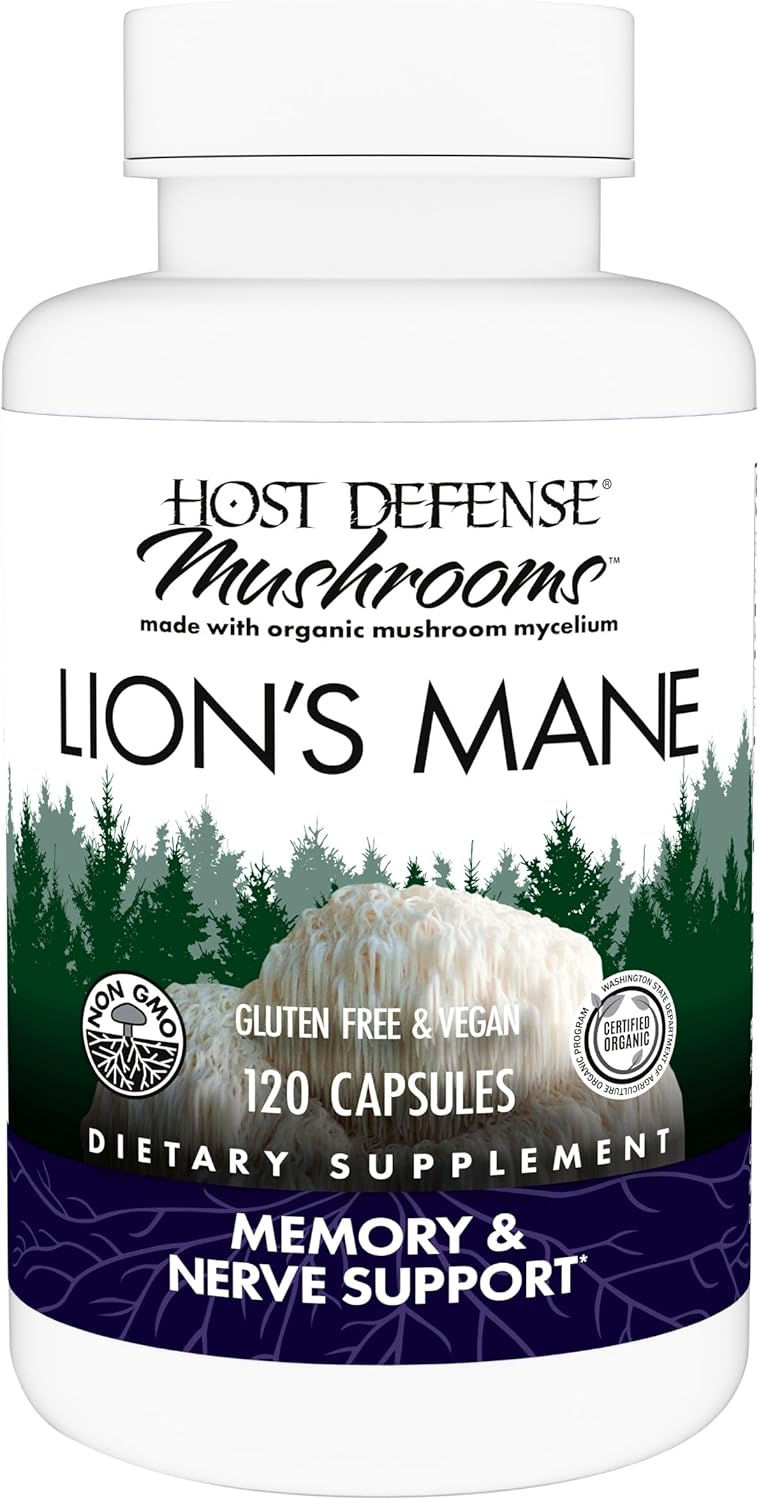 Host Defense Lion's Mane Mushroom supplement bottle — 120 organic capsules for memory and nerve support by Paul Stamets, non-GMO gluten-free vegan