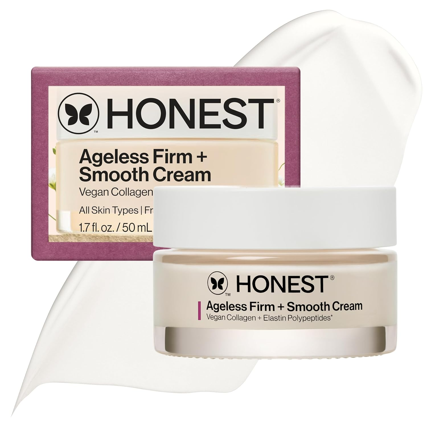 Honest Beauty Ageless Firm + Smooth Cream jar and box — vegan collagen and elastin polypeptides, unscented clean anti-aging moisturizer 1.7 fl oz