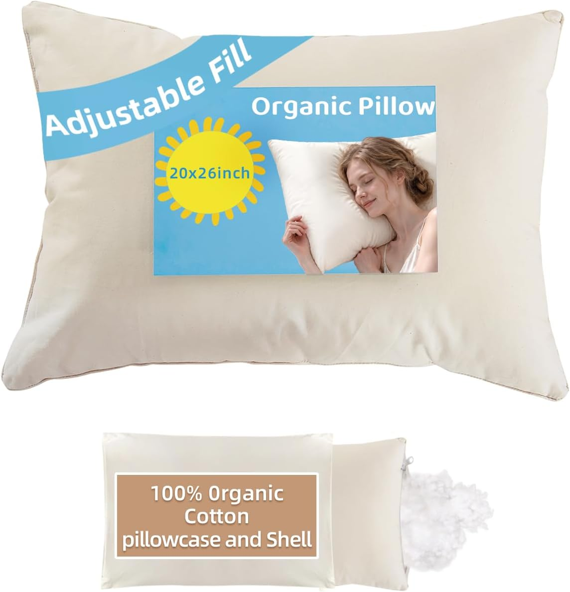 Cream-colored adjustable pillow with product labels showing its 20-by-26-inch size, cotton cover and shell, and loose filling