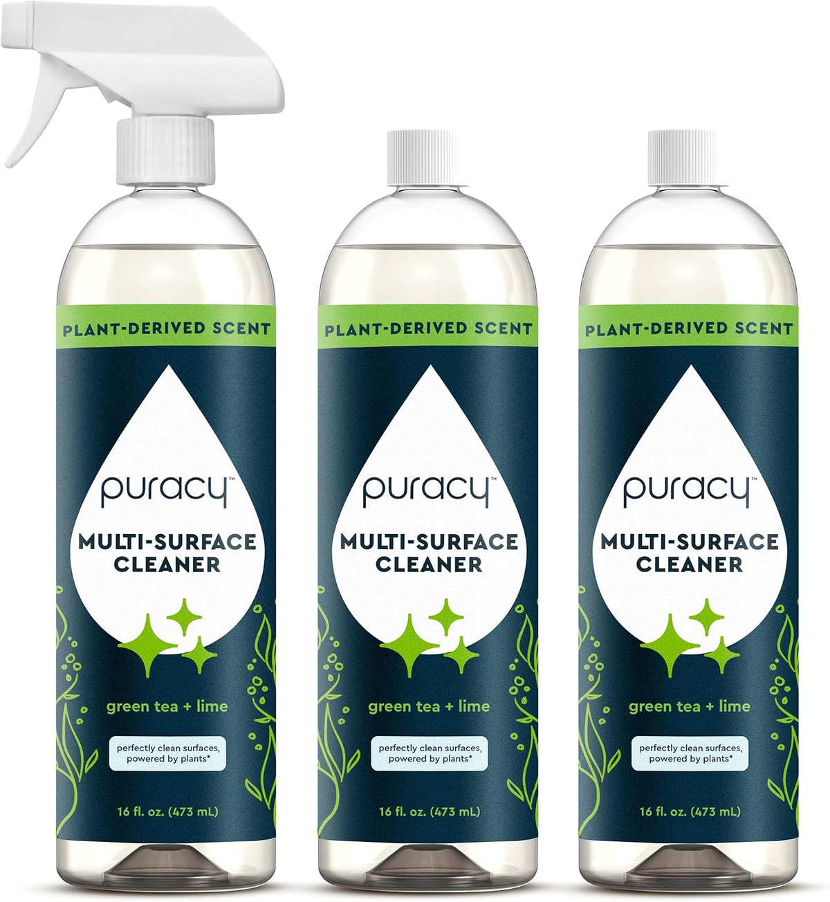Puracy All Purpose Cleaner Spray 3-Pack in Green Tea & Lime — plant-powered, non-toxic multi-surface cleaner on white background
