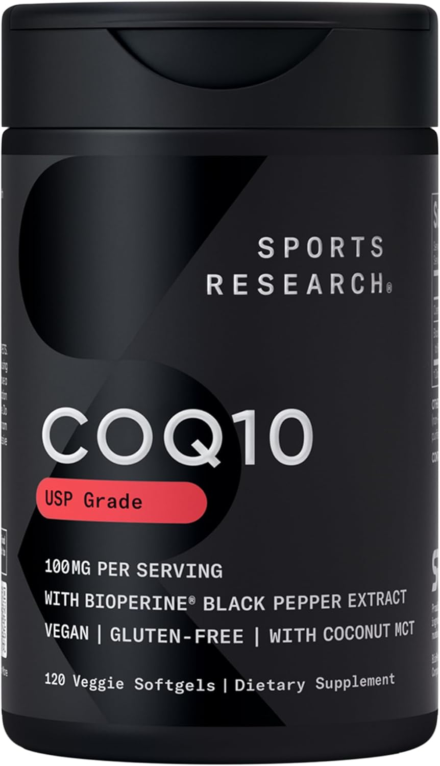 Sports Research CoQ10 100mg USP Grade supplement bottle, vegan veggie softgels with BioPerine black pepper extract and coconut MCT oil, Non-GMO Verified, 120 count