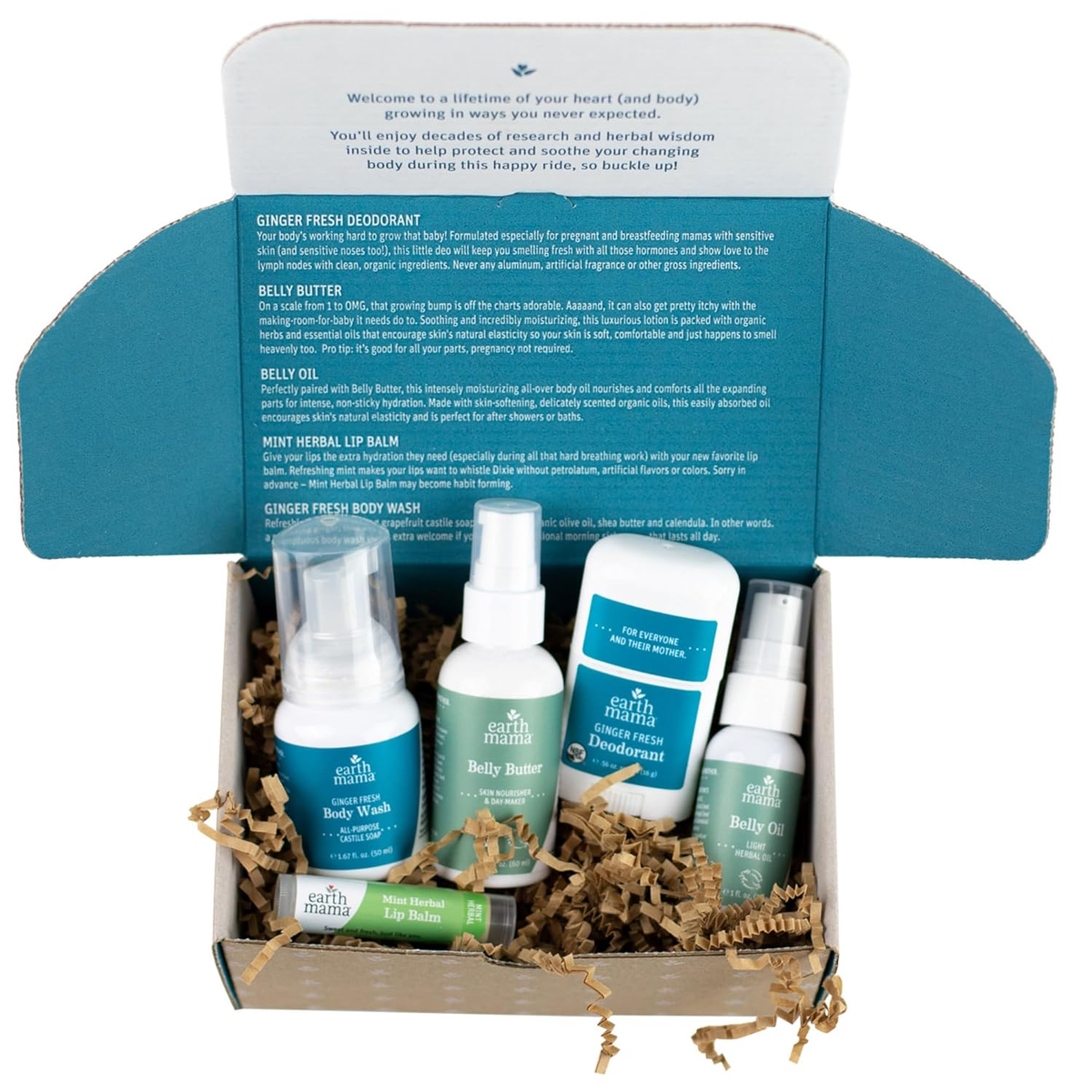 Earth Mama A Little Something for Mama-to-Be Gift Box with Ginger Fresh Body Wash, Belly Butter, Belly Oil, Ginger Fresh Deodorant and Mint Herbal Lip Balm in teal kraft gift box — BodyWell1