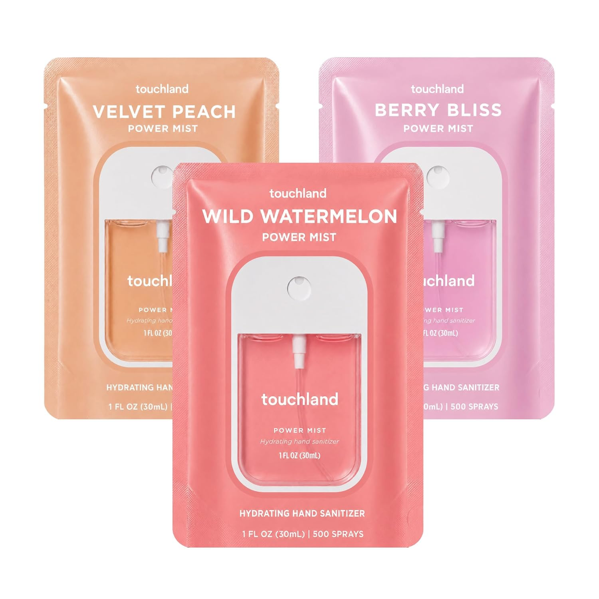 Touchland Power Mist Juicy Trio hand sanitizer set in Wild Watermelon, Velvet Peach and Berry Bliss on white background