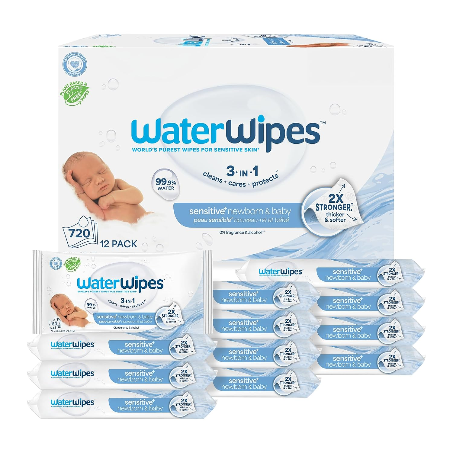 WaterWipes Sensitive Newborn & Baby Wipes 720 count 12-pack bulk box — 99.9% water unscented hypoallergenic plant-based wipes for newborn and sensitive skin