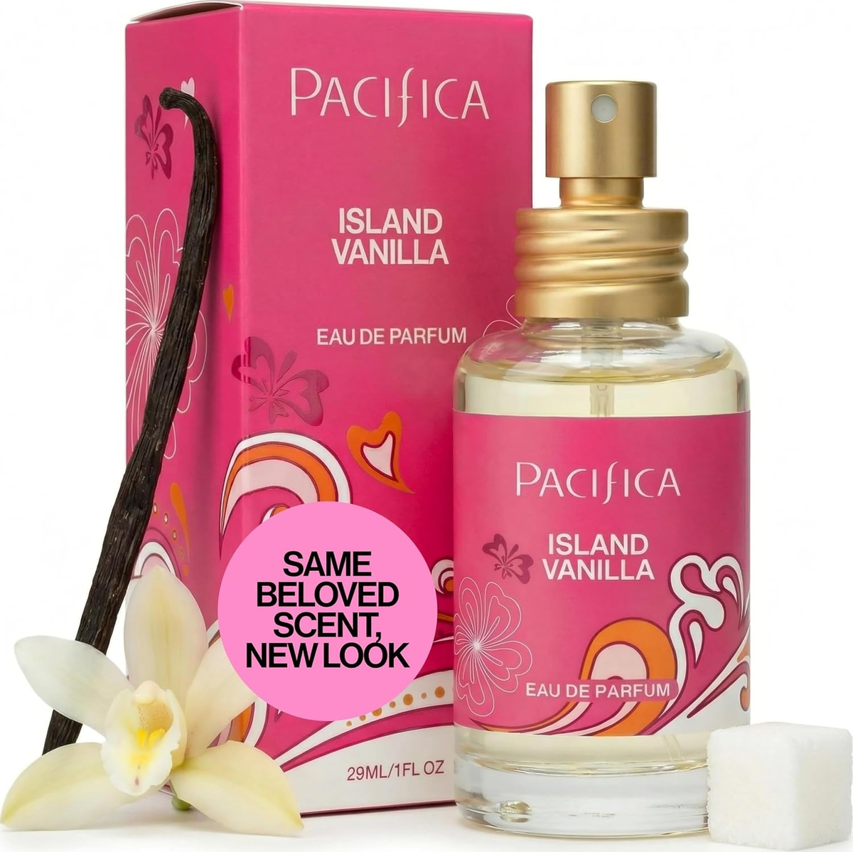 Pacifica Island Vanilla Eau de Parfum — pink bottle with gold cap and matching pink box, warm tropical vanilla clean fragrance, vegan cruelty-free, 1 fl oz