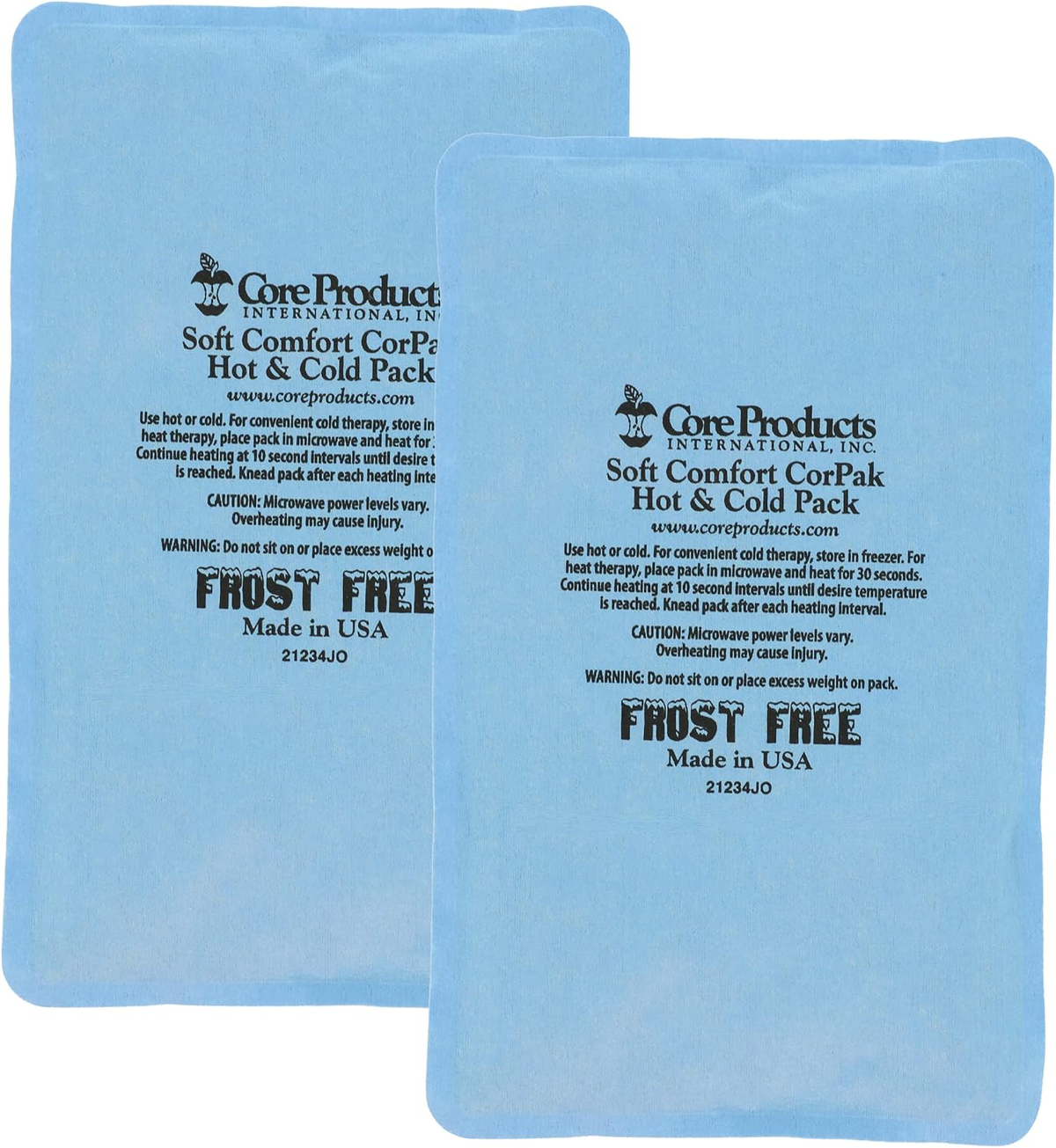 Two blue Core Products Soft Comfort CorPak hot and cold therapy packs on a white background