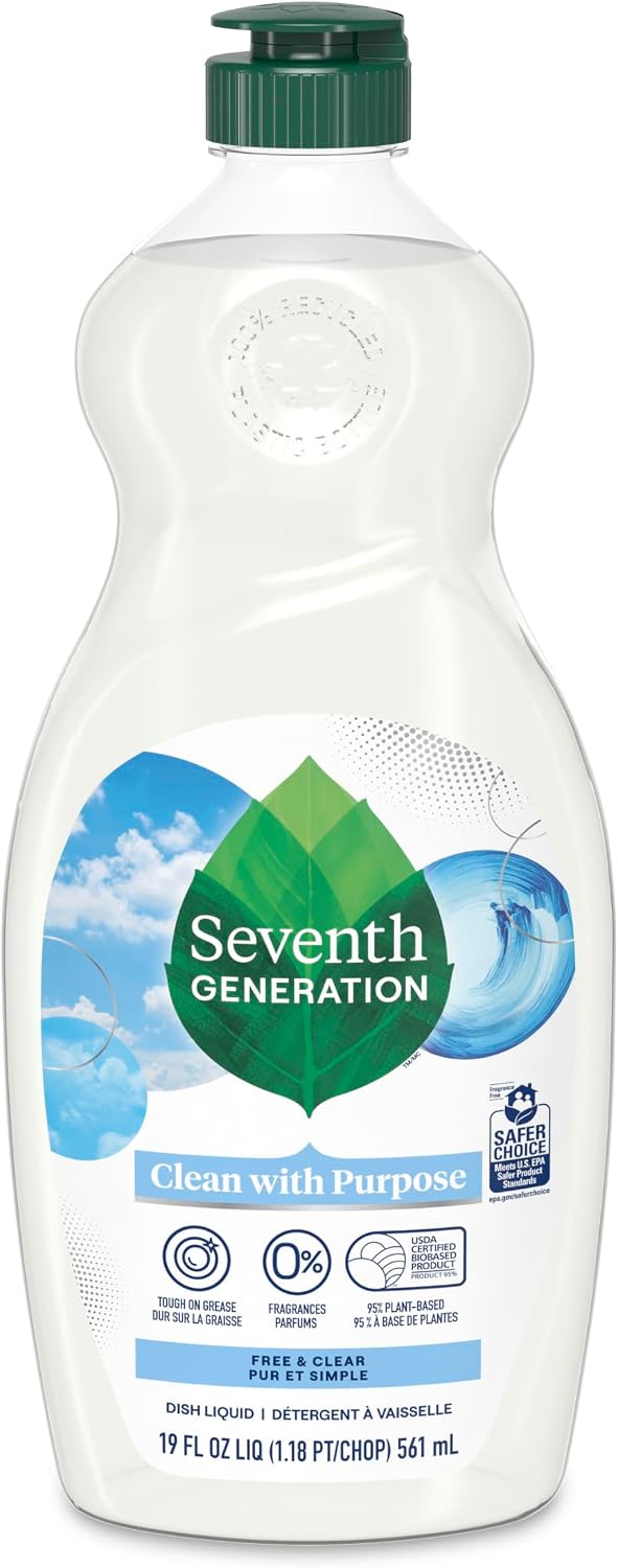 Seventh Generation Free & Clear Dish Liquid Soap 19 fl oz, fragrance-free, 95% plant-based, USDA certified biobased, EPA Safer Choice certified, tough on grease on white background