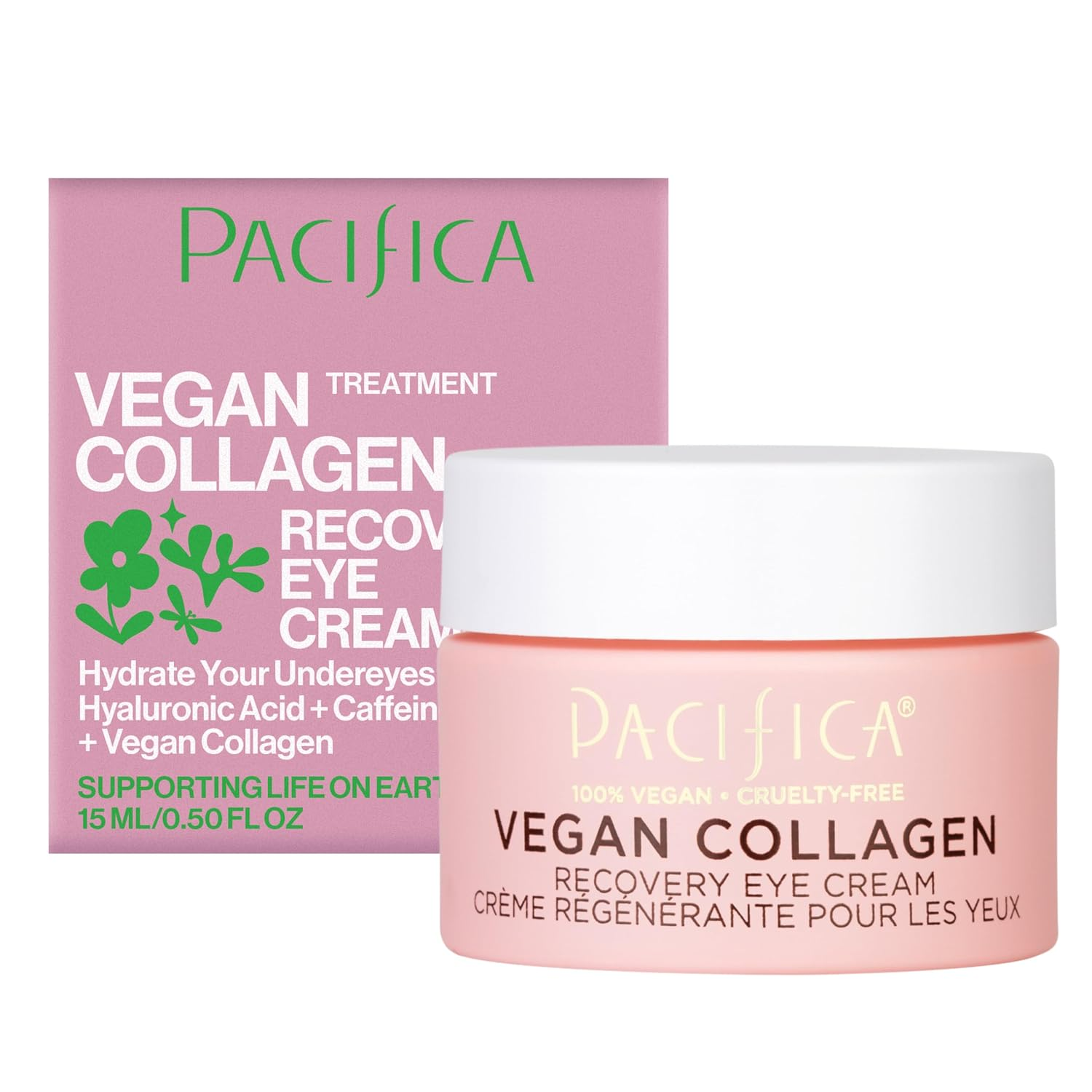 Pacifica Vegan Collagen Recovery Eye Cream pink jar and box — hyaluronic acid and caffeine, fragrance-free vegan eye cream 0.5 fl oz