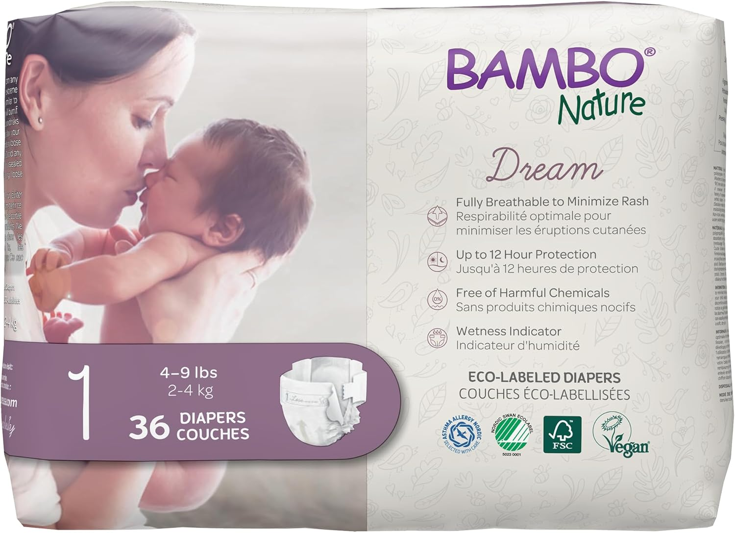 Bambo Nature Dream Baby Diapers Size 1 for newborns 4-9 lbs — eco-labeled breathable diapers free of harmful chemicals with wetness indicator, 36 count