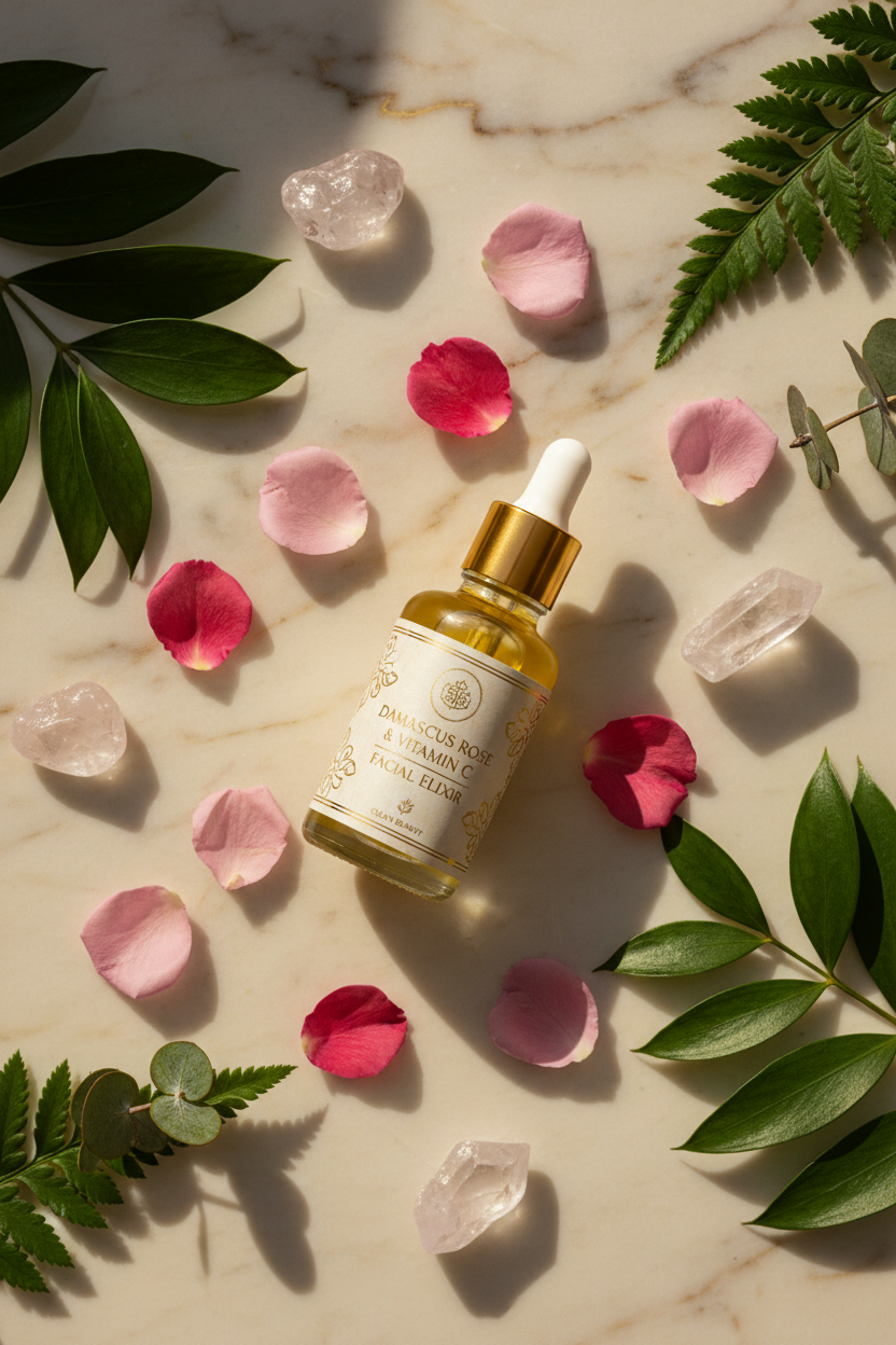 BIOSSANCE Squalane + Vitamin C Rose Advanced Facial Oil with Damascus rose petals and botanical ingredients on marble surface
