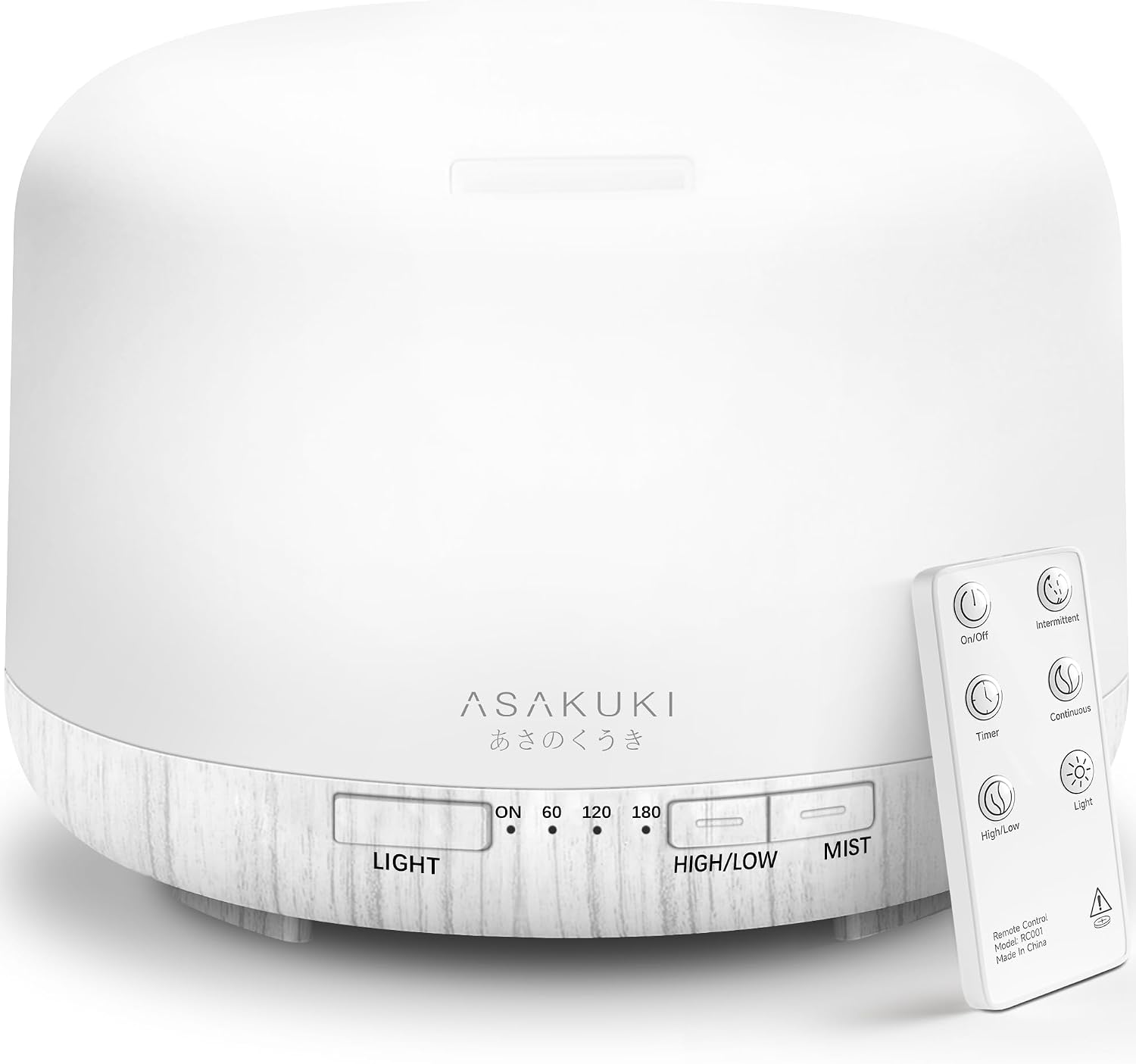 ASAKUKI 500ML Essential Oil Diffuser in white with remote control and wood-grain base
