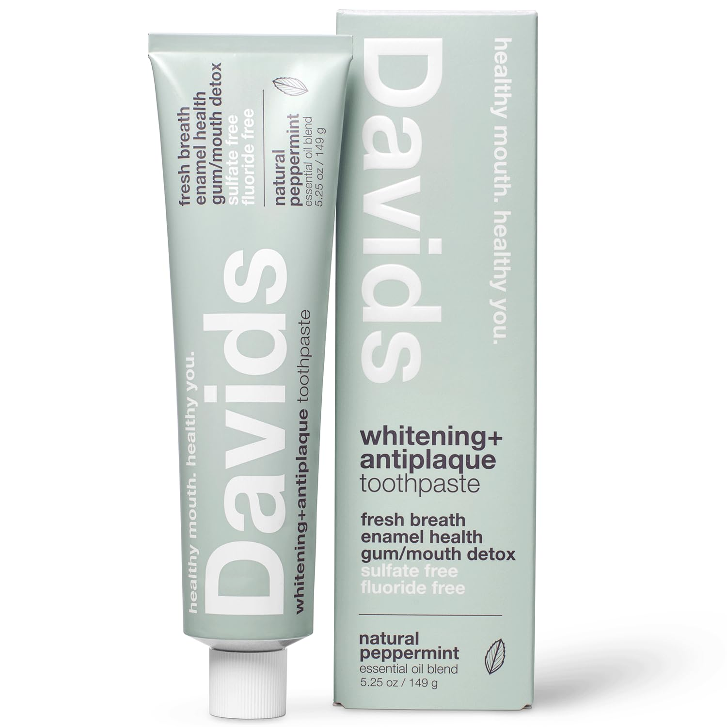 David's Natural Whitening and Antiplaque Toothpaste Natural Peppermint 5.25 oz tube and box, fluoride-free, sulfate-free, enamel health, gum detox, non-toxic clean oral care on white background