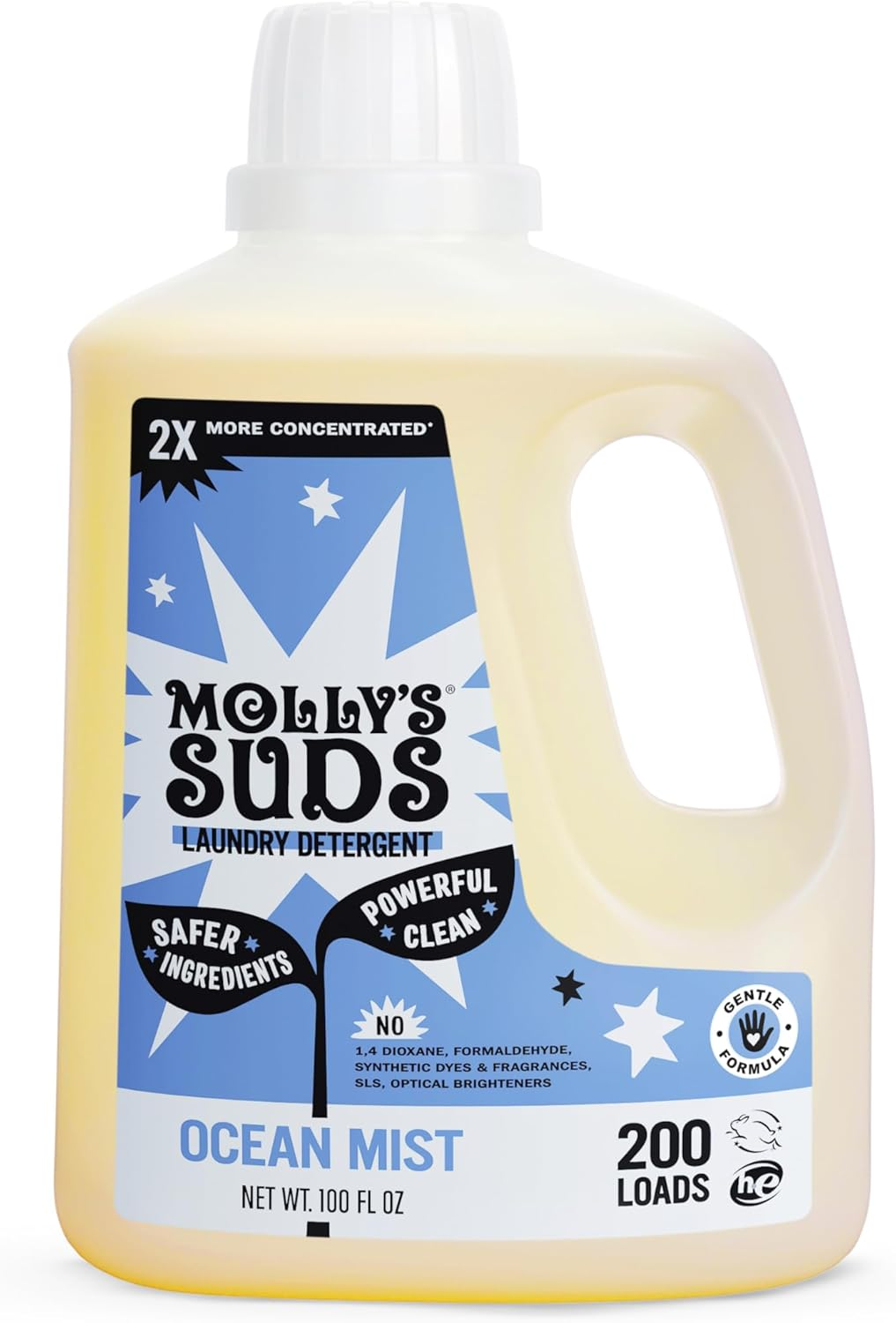 Molly's Suds Laundry Detergent Ocean Mist 100 fl oz 200 loads, 2x concentrated, safer ingredients, no SLS, dyes or synthetic fragrances, gentle formula on white background