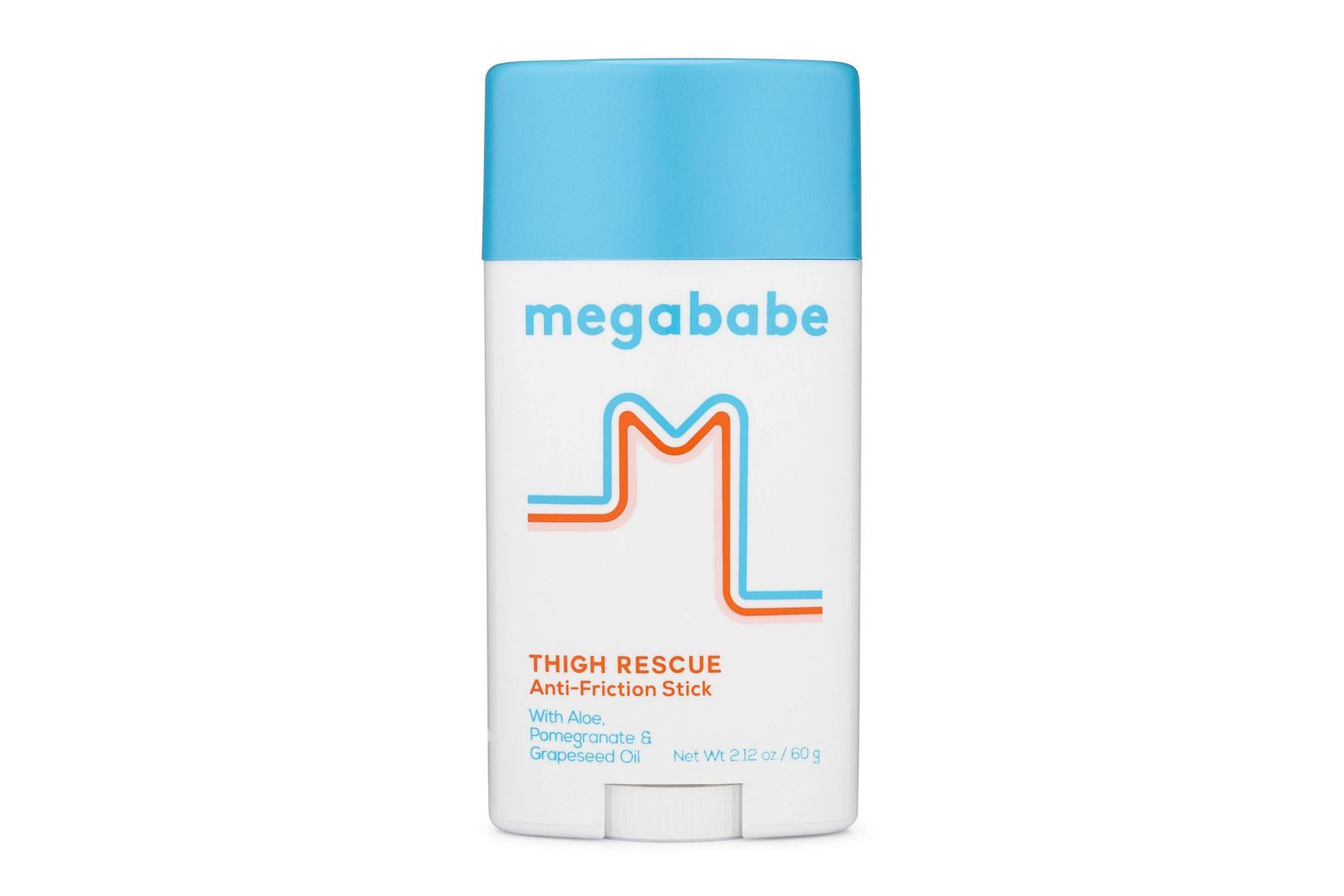 Megababe Thigh Rescue Anti-Friction Stick — white stick with teal cap, clean vegan anti-chafe balm with aloe and pomegranate