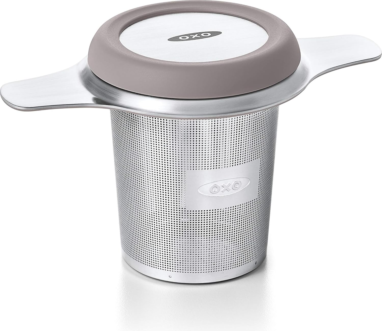 OXO Brew fine mesh stainless steel tea strainer basket with silicone lid — non-toxic, BPA-free for simmer pots and loose leaf tea