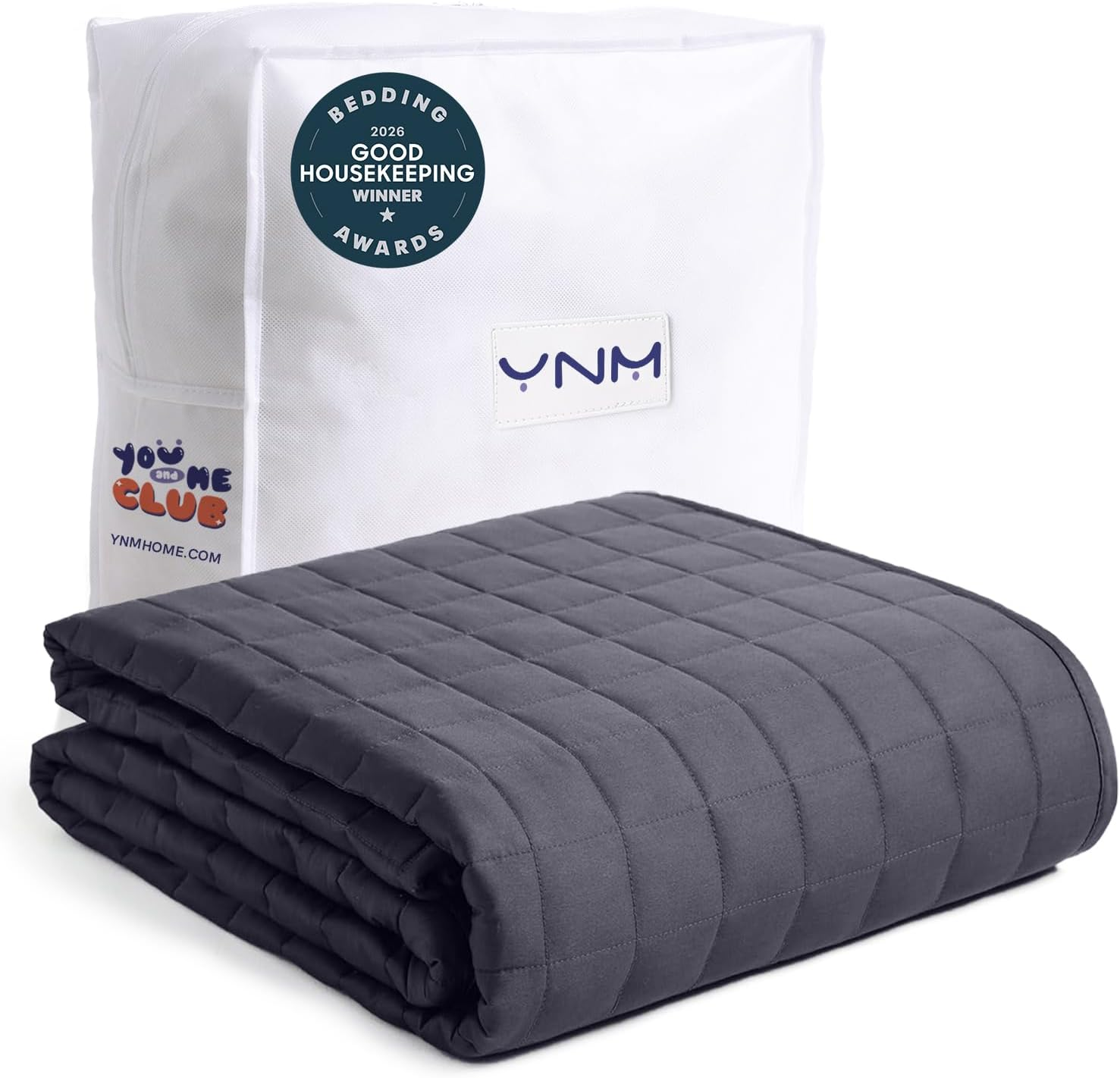 YnM 15lb cooling weighted blanket in dark grey folded with Good Housekeeping 2026 Bedding Award badge — breathable glass bead fill weighted blanket for anxiety and better sleep