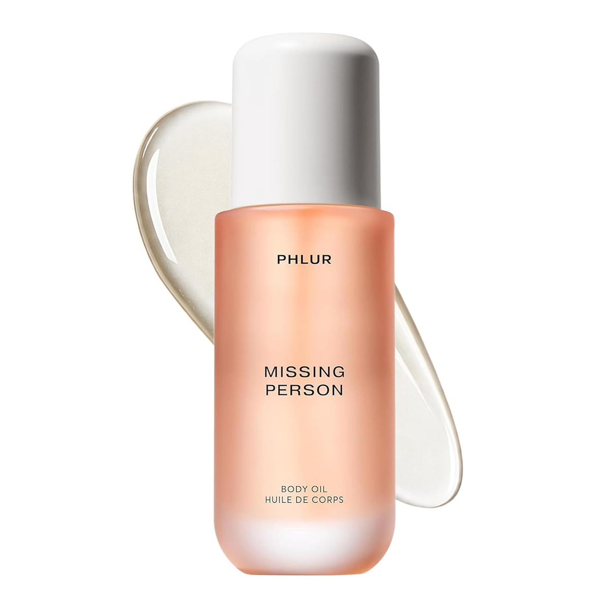 Phlur Missing Person Body Oil — peach gradient glass bottle, skin musk bergamot jasmine clean fragrance, 4 fl oz — image needs white background replacement