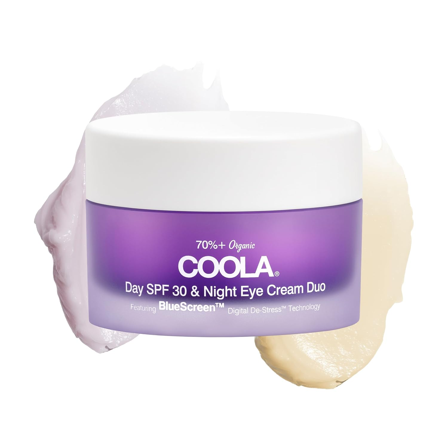COOLA SPF 30 Day and Night Eye Cream Duo jar on white background with cream swatches — organic vitamin C day cream and resveratrol night cream for dark circles and fine lines
