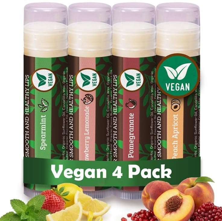Earth's Daughter Vegan Lip Balm 4-Pack — Spearmint, Strawberry Lemonade, Pomegranate, Peach Apricot, beeswax free plant-based lip balm