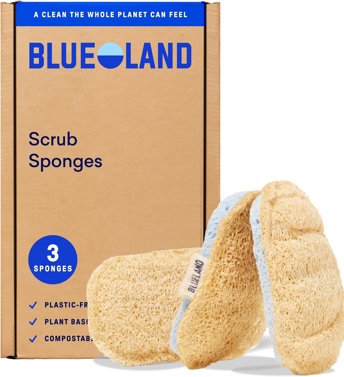 Blueland Scrub Sponge 3-Pack — plastic-free plant-based compostable dual-action dish loofah and cellulose sponge on white background