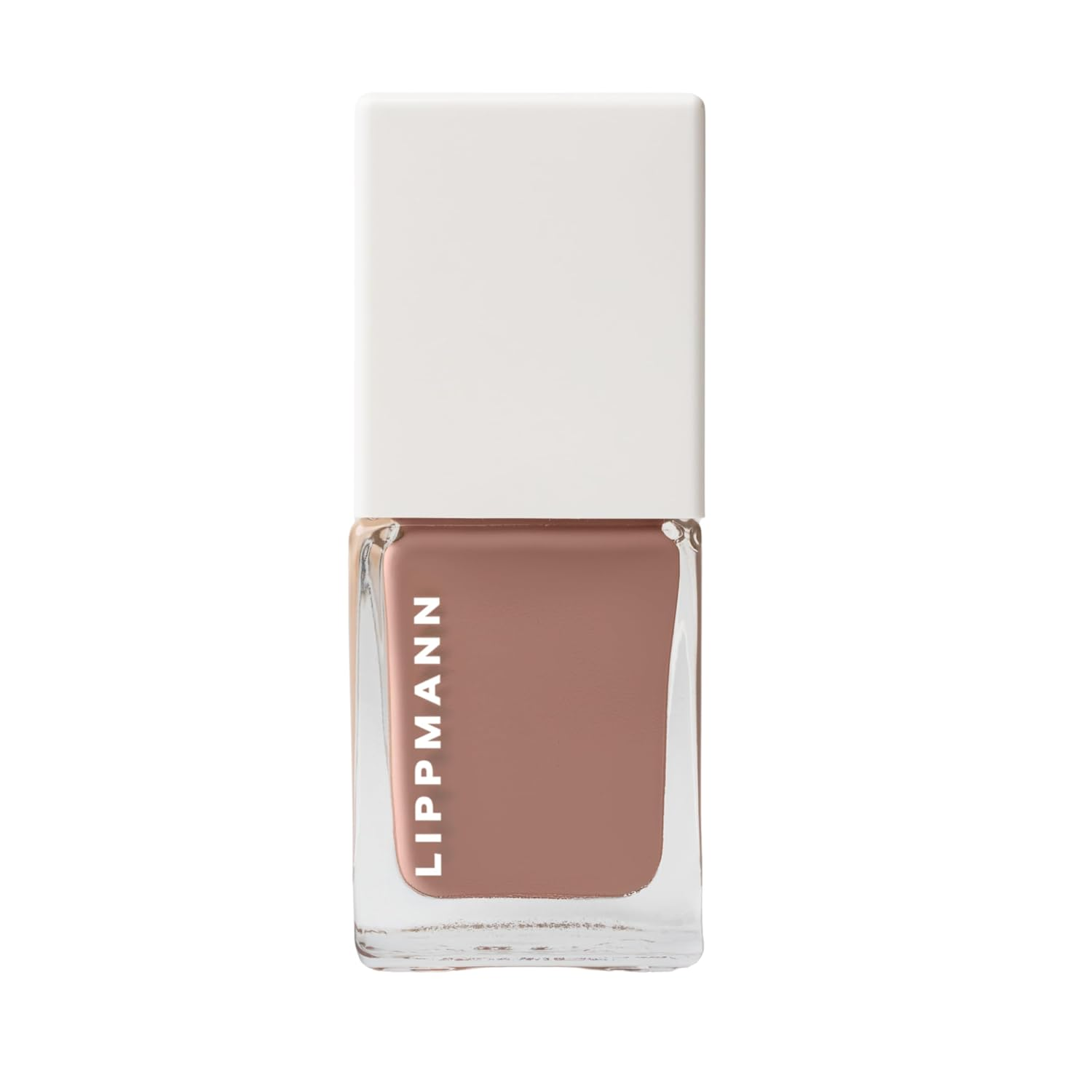 LIPPMANN Naked nail polish in warm taupe-nude shade in square minimalist clear glass bottle with white cap, 21-free vegan formula on white background