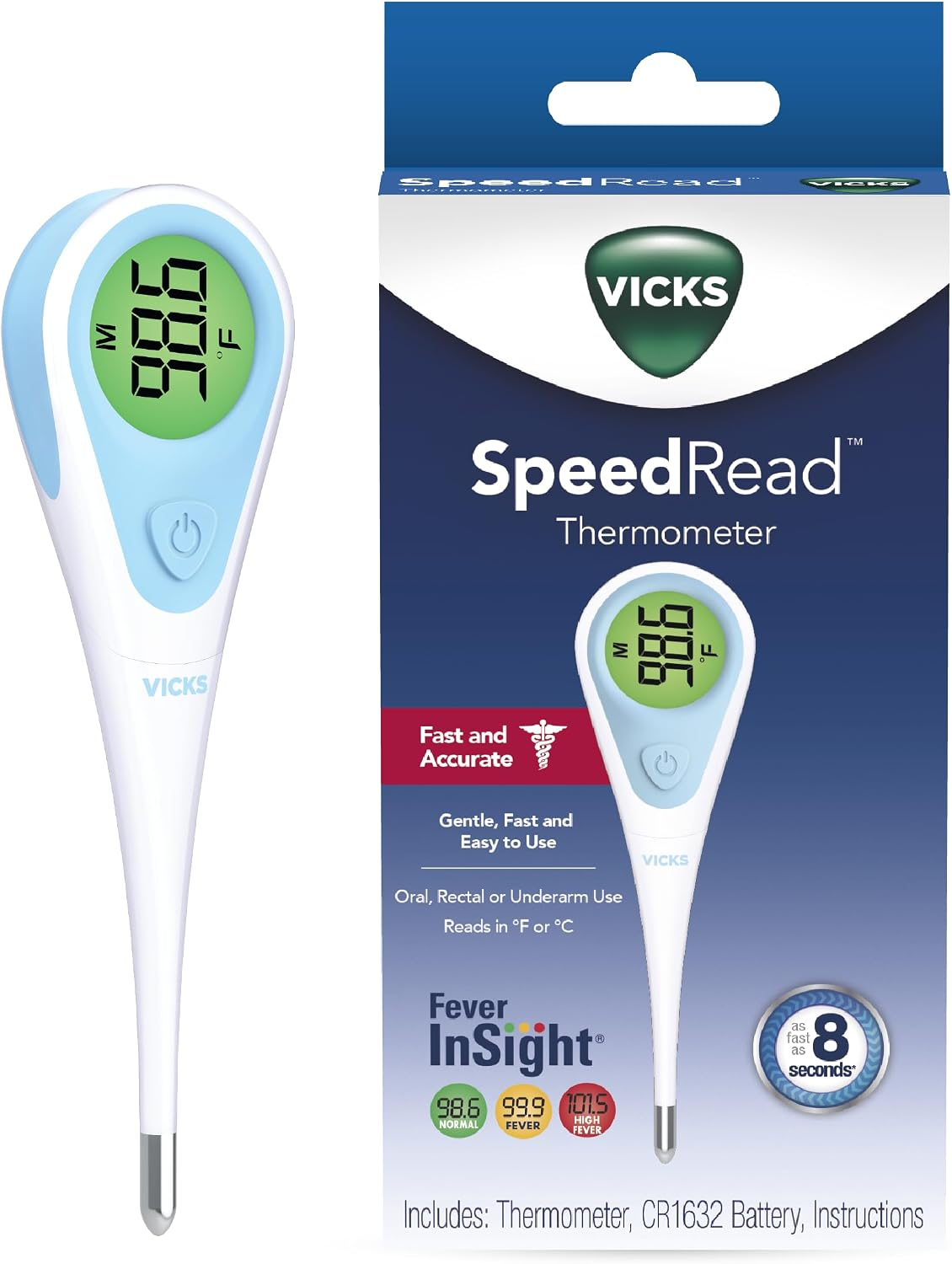 Vicks SpeedRead digital thermometer with blue-and-white retail packaging on a white background; Fever InSight display visible