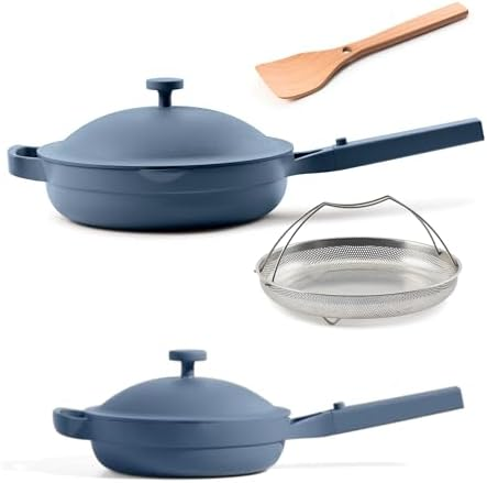 Our Place Always Pan Duo — 10.5" and 8.5" ceramic nonstick fry pan set in blue salt with steamer basket and beechwood spatula, PFAS-free non-toxic cookware