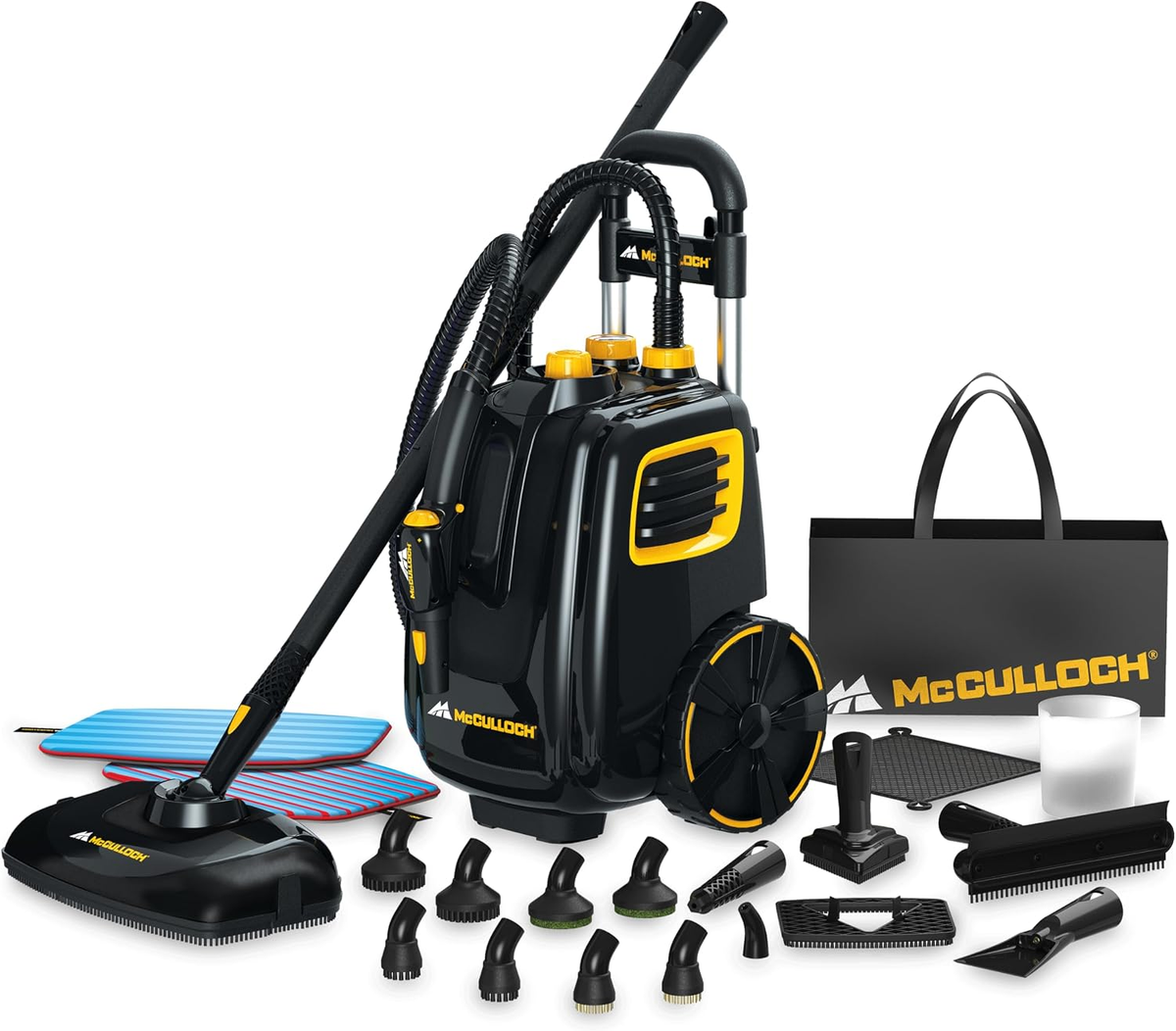 McCulloch MC1385 steam cleaner with 23 accessories including floor mop, mop pads, brushes, and storage bag on a white background