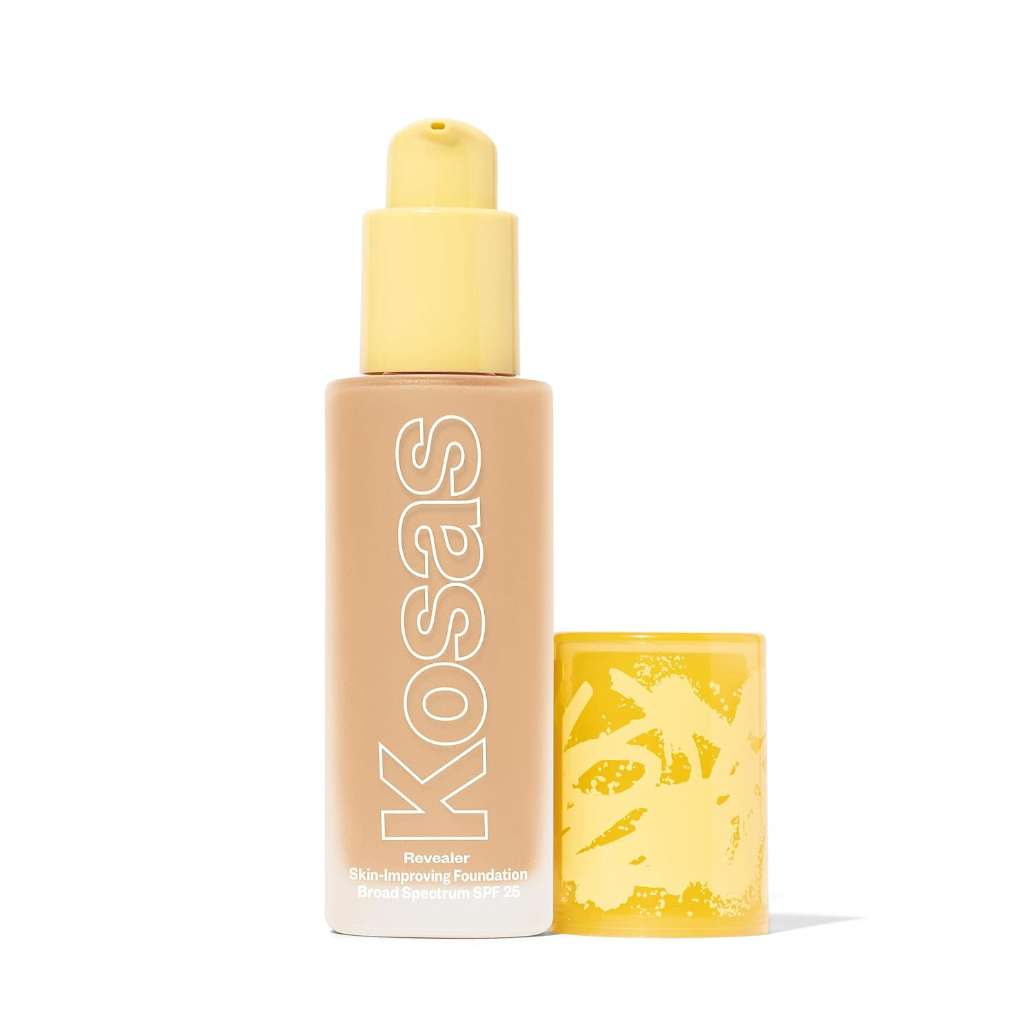 Kosas Revealer Skin-Improving Foundation SPF 25 in Light Neutral Warm 130 — warm beige bottle with yellow cap and yellow box, clean formula natural finish