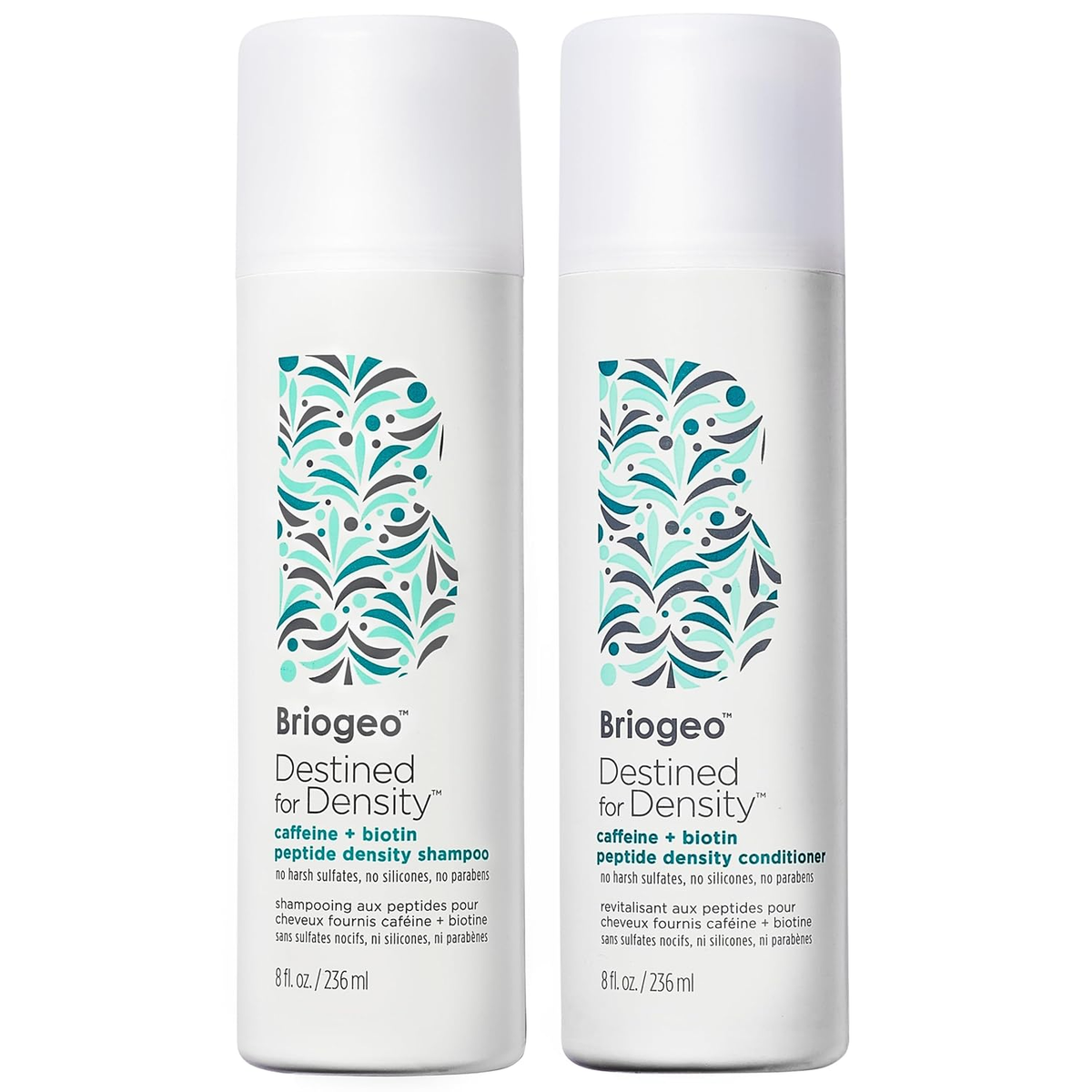 Briogeo Destined for Density Caffeine + Biotin Shampoo and Conditioner Duo — clean, sulfate-free hair thickening set on white background — BodyWell1