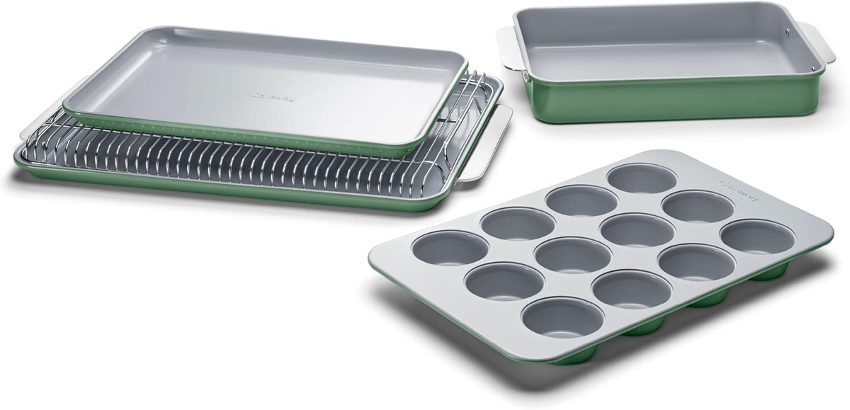 Caraway 5-Piece Non-Stick Ceramic Bakeware Set in Sage — PFAS-free baking sheets, muffin pan, rectangle pan and storage organizer on white background